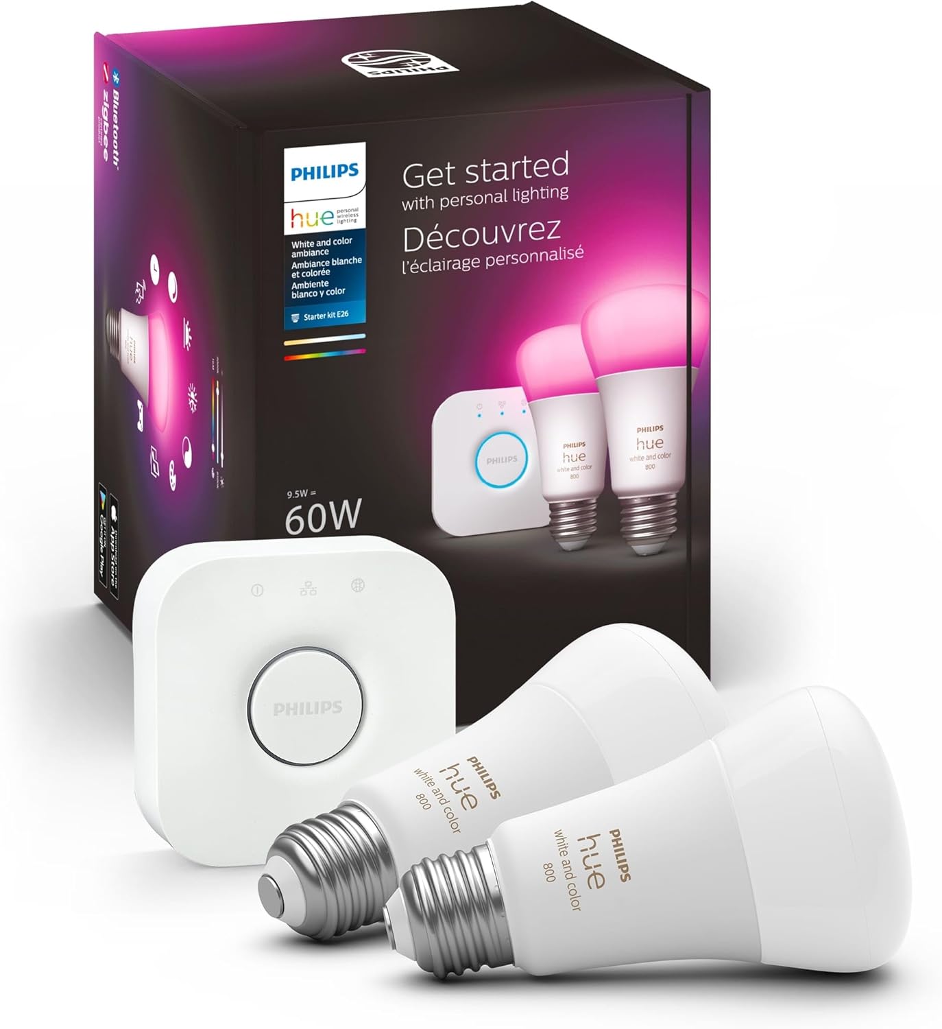 Philips Hue Kit de iniciación de luz inteligente White and Color Ambiance, incluye (2) bombillas inteligentes A19 de 60 W con puente Hue y bombilla