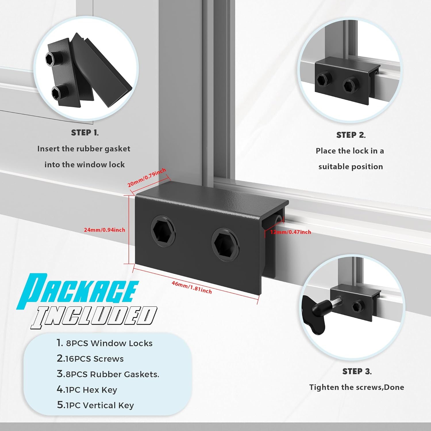 8 juegos de cerraduras de ventana de seguridad, bloqueo de ventana deslizante de aluminio ajustable para ventanas de vidrio verticaleshorizontales,