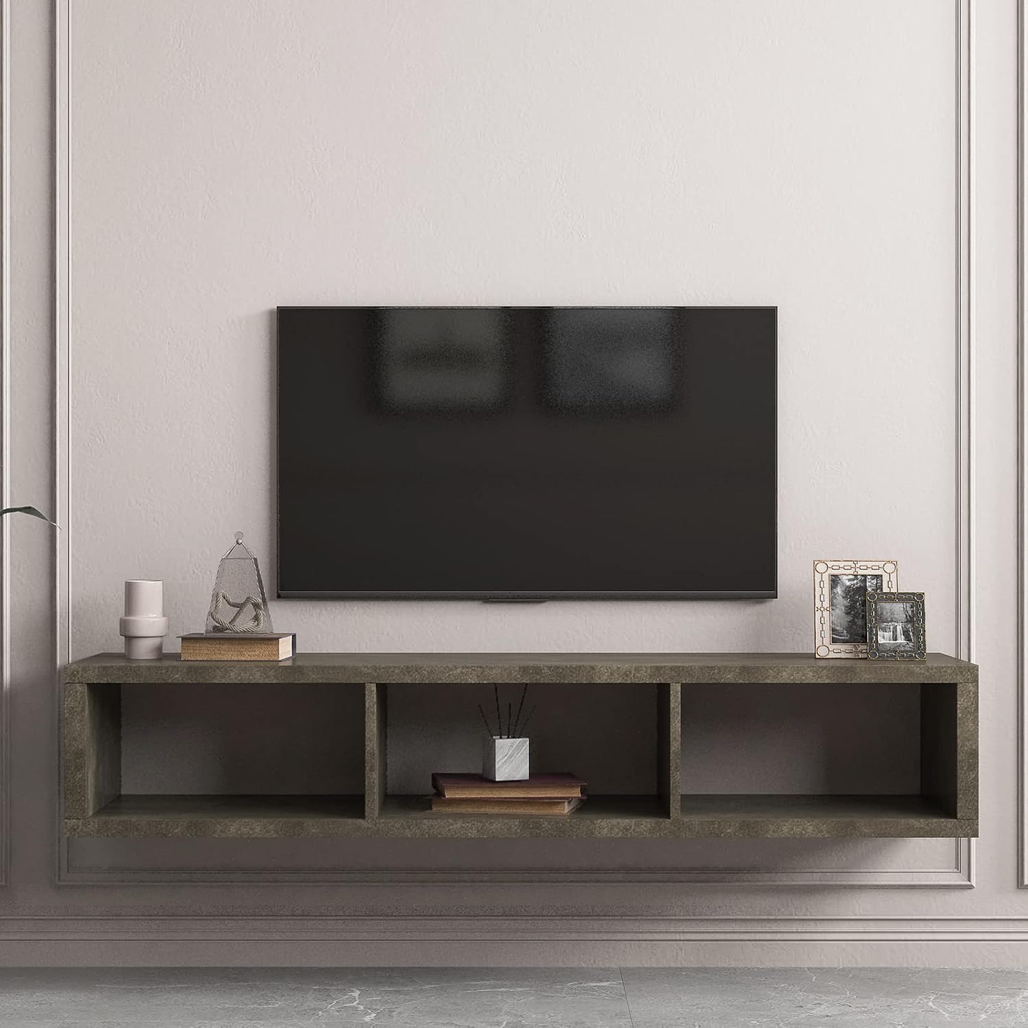 Soporte flotante de TV de 60 pulgadas para montar en la pared con 3 compartimentos abiertos, centro de entretenimiento colgante para sala de estar,