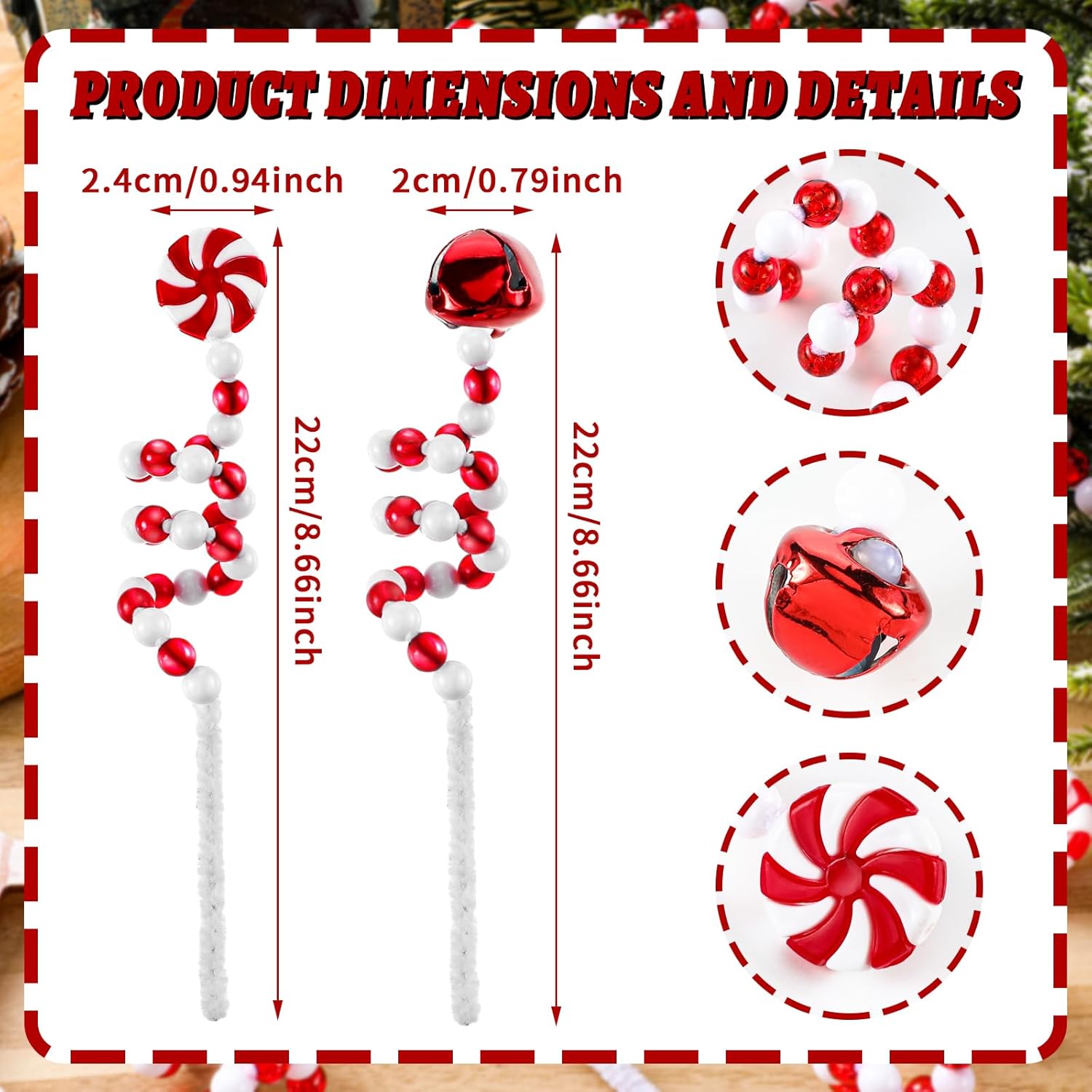 Bencailor 30 piezas de 8.66 pulgadas para árbol de Navidad de 8.66 pulgadas, decoración de campanas de Navidad, recogida rizada, piruleta roja y