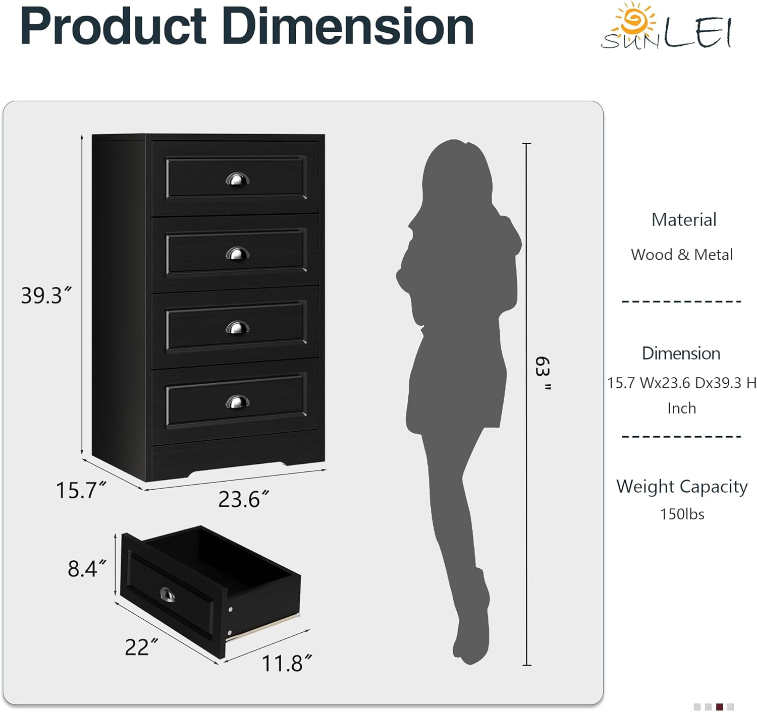 SUNLEI Cómoda vertical de 4 cajones, cómoda blanca alta, diseño trapezoidal con asa y cajón para un amplio almacenamiento, cómoda para dormitorio,