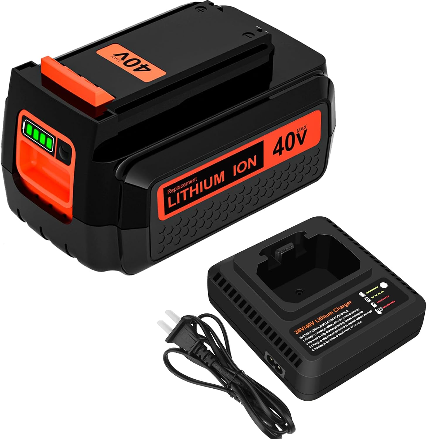 Paquete de 1 batería LBX2040 de 3000 mAh de 40 voltios y cargador de repuesto para Black and Decker 40V batería compatible con batería de litio