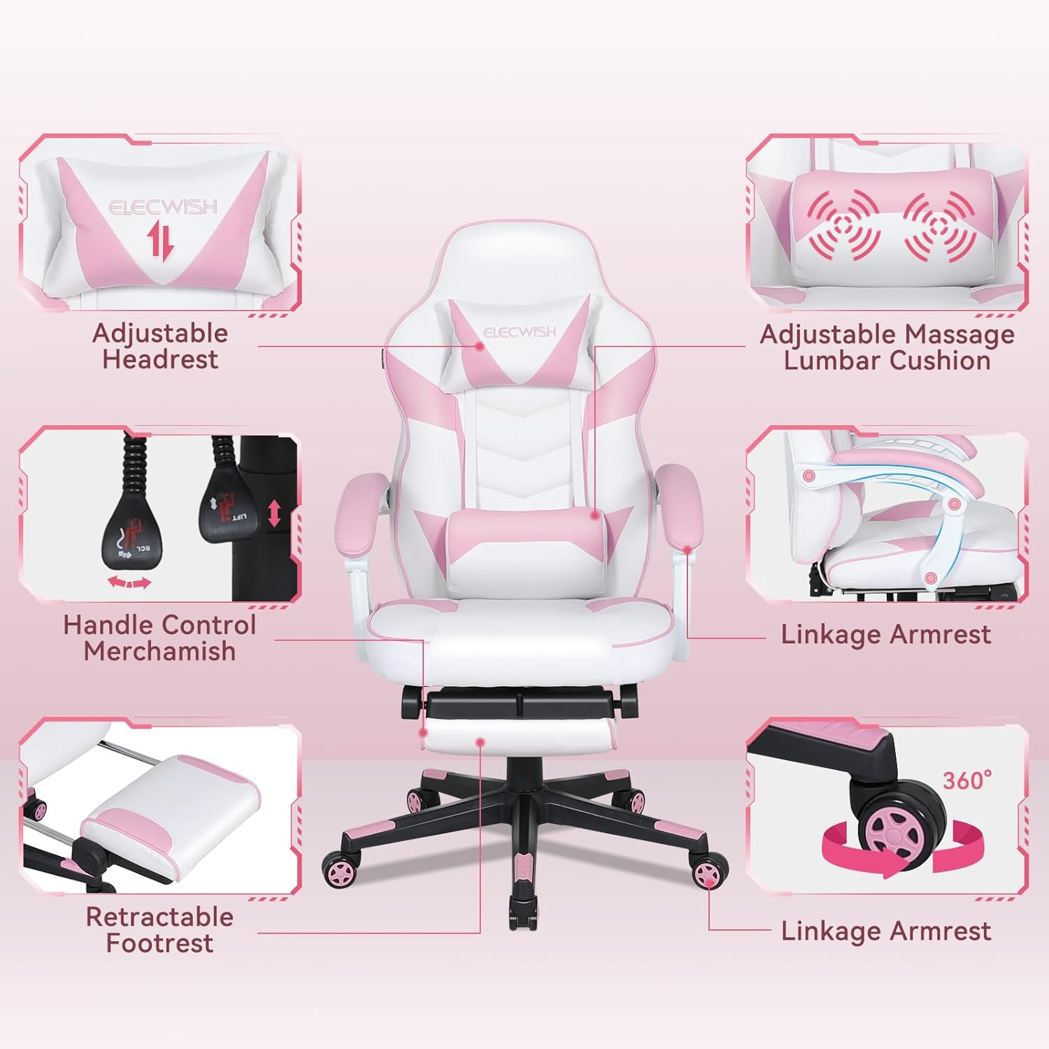 ELECWISH Silla de juegos rosa con masajeador, sillas de juegos de computadora con reposapiés para adultos, piel sintética, respaldo alto, estilo