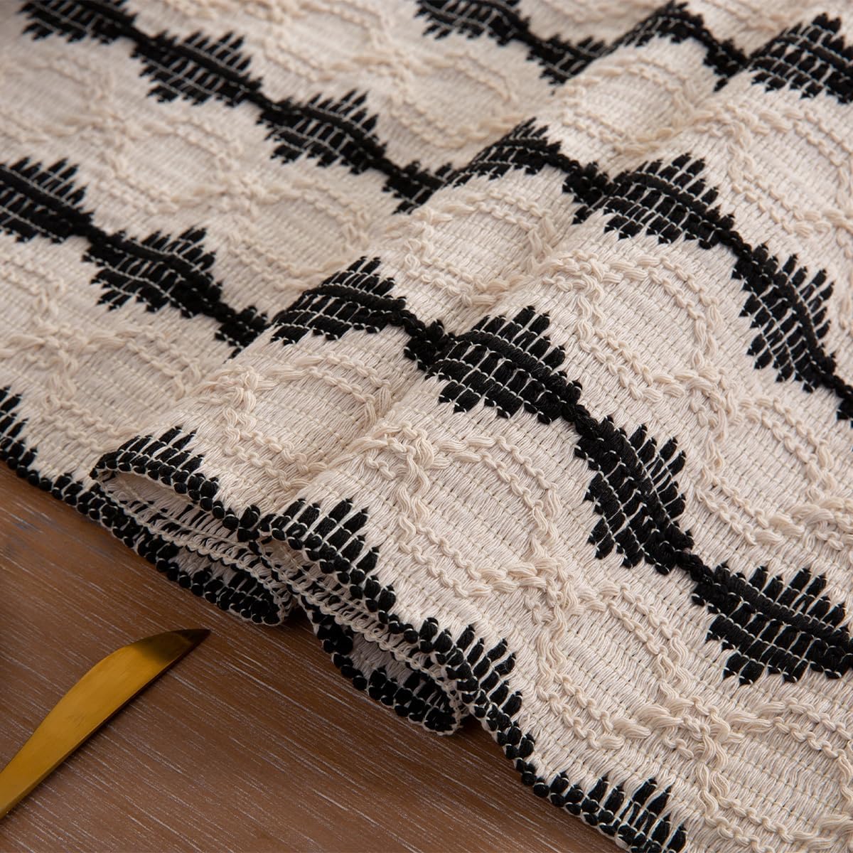 Camino de mesa, moderno camino de mesa de granja, camino de mesa a rayas negras y beige para mesa de comedor rústica bohemia (negrorombosB12x60)