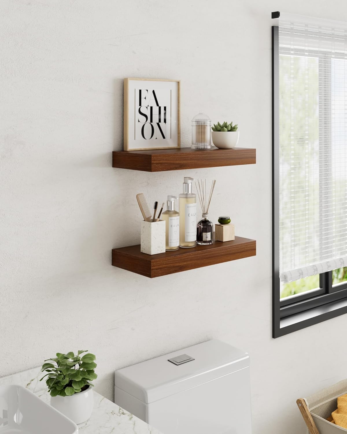 QueenFun Estantes flotantes para pared, estantes flotantes de madera más profundos y gruesos, 2 estantes de baño de 15 pulgadas para pared de