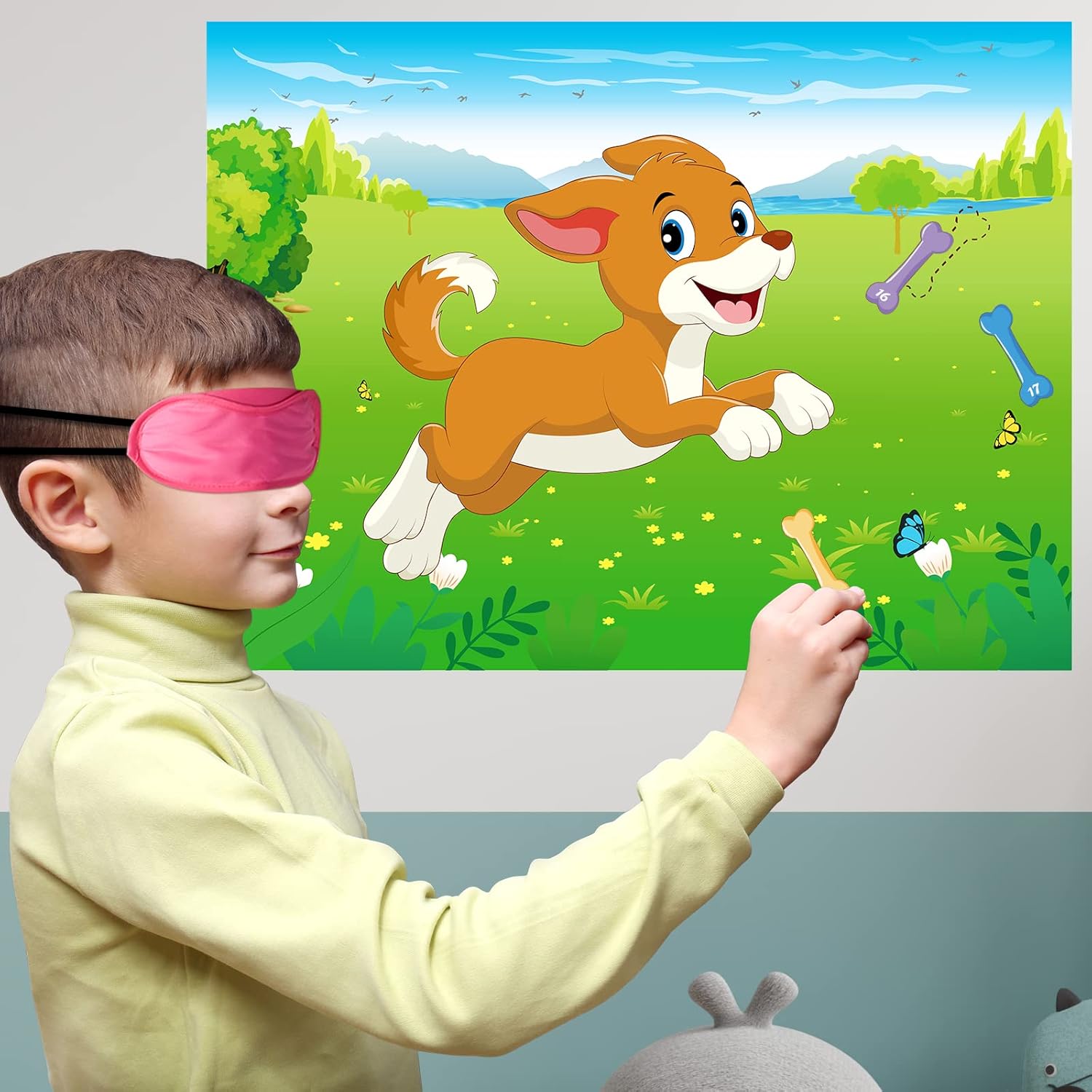 Morcheiong Juego de fiesta de cumpleaños Pin The Tail on The Dog con 48 huesos, dale al cachorro un juego de huesos para niños, decoración de fiesta