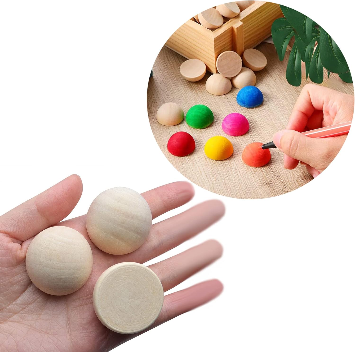 100 bolas de madera de media bola de 1 pulgada de diámetro, sin terminar, natural, mini bolas de madera divididas para proyectos de bricolaje,