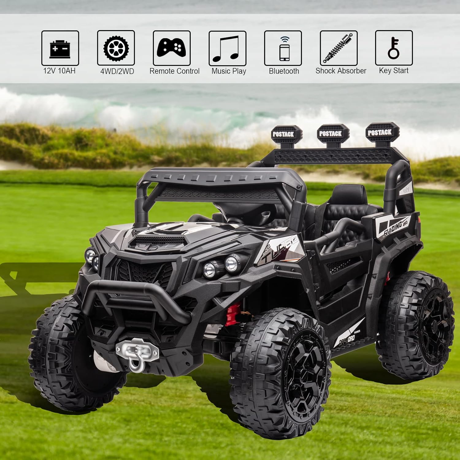 POSTACK 4X4 Ride-On UTV Buggy 24V Ride On Toy Car w 2.4G Remote Control Electric Ride On Off-Road Truck Car with Spring Suspension for Kids