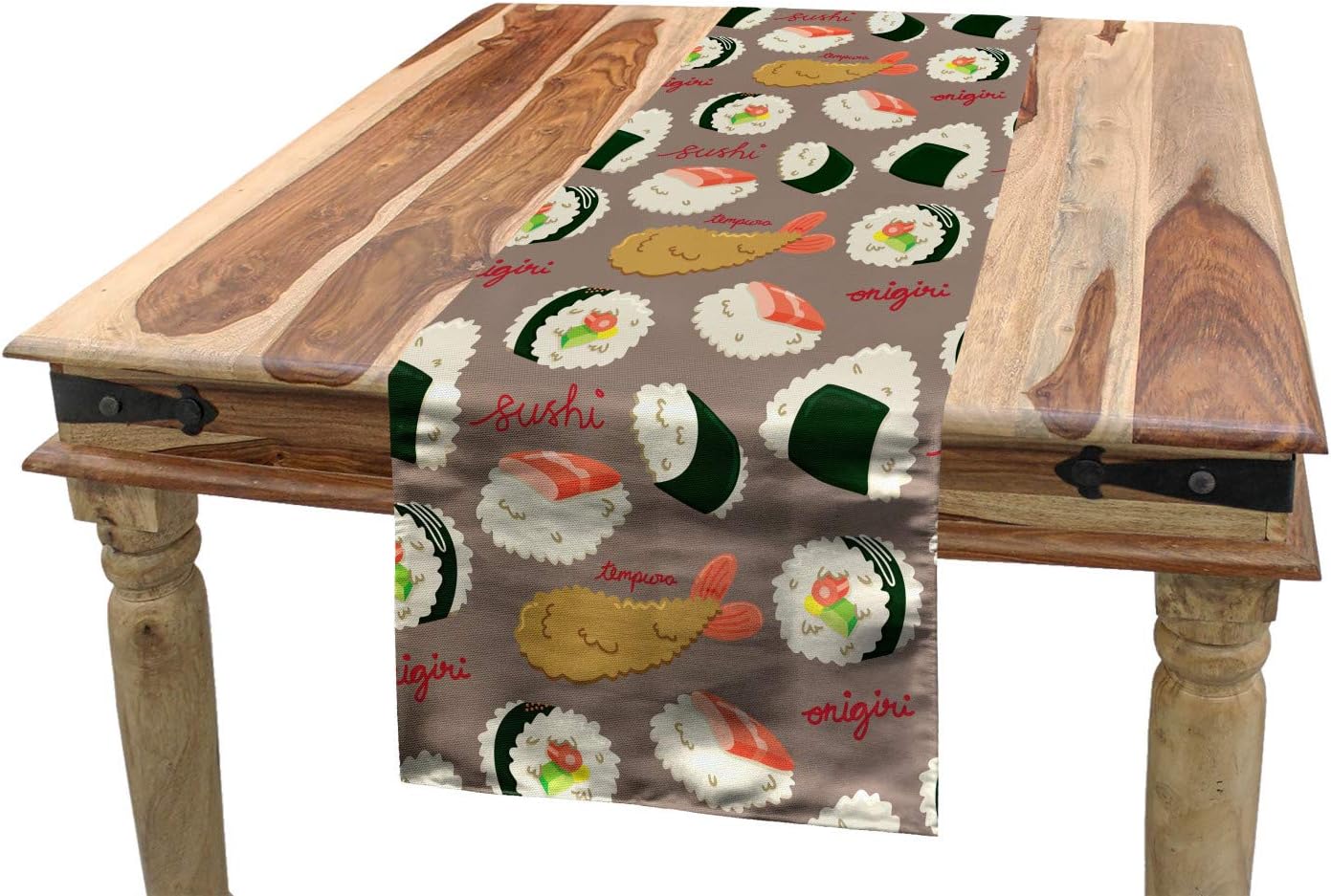 Ambesonne Sushi Table Runner, Tasty Dishes Onigiri and Tempura Cartoon Artwork Repeating Rolls, Dining Room Kitchen Rectangular Runner, 16″ X 120″,