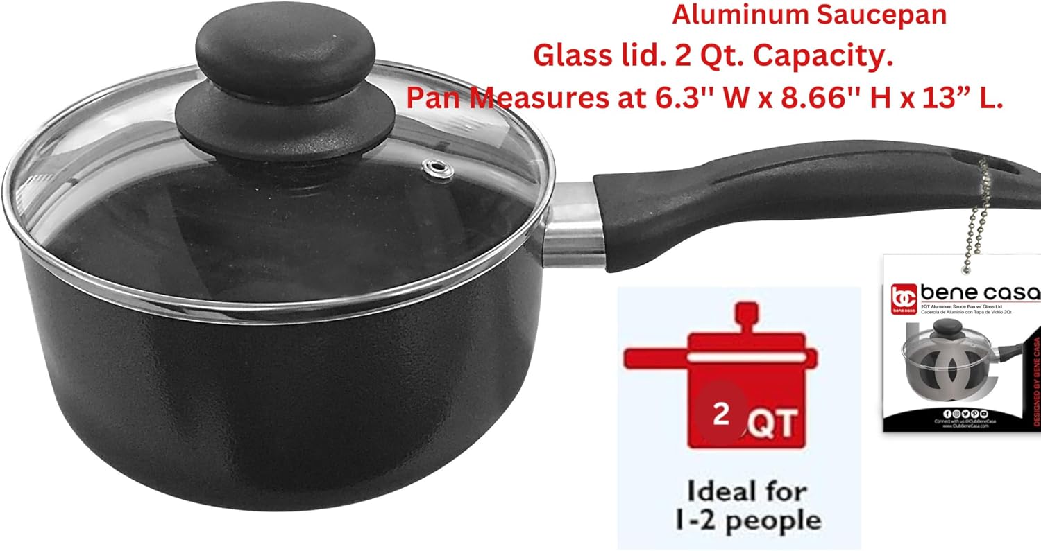 Bene Casa – Cacerola de aluminio antiadherente con tapa – Capacidad de 2 cuartos de galón – Apto para horno y lavavajillas – Mango Cool Touch