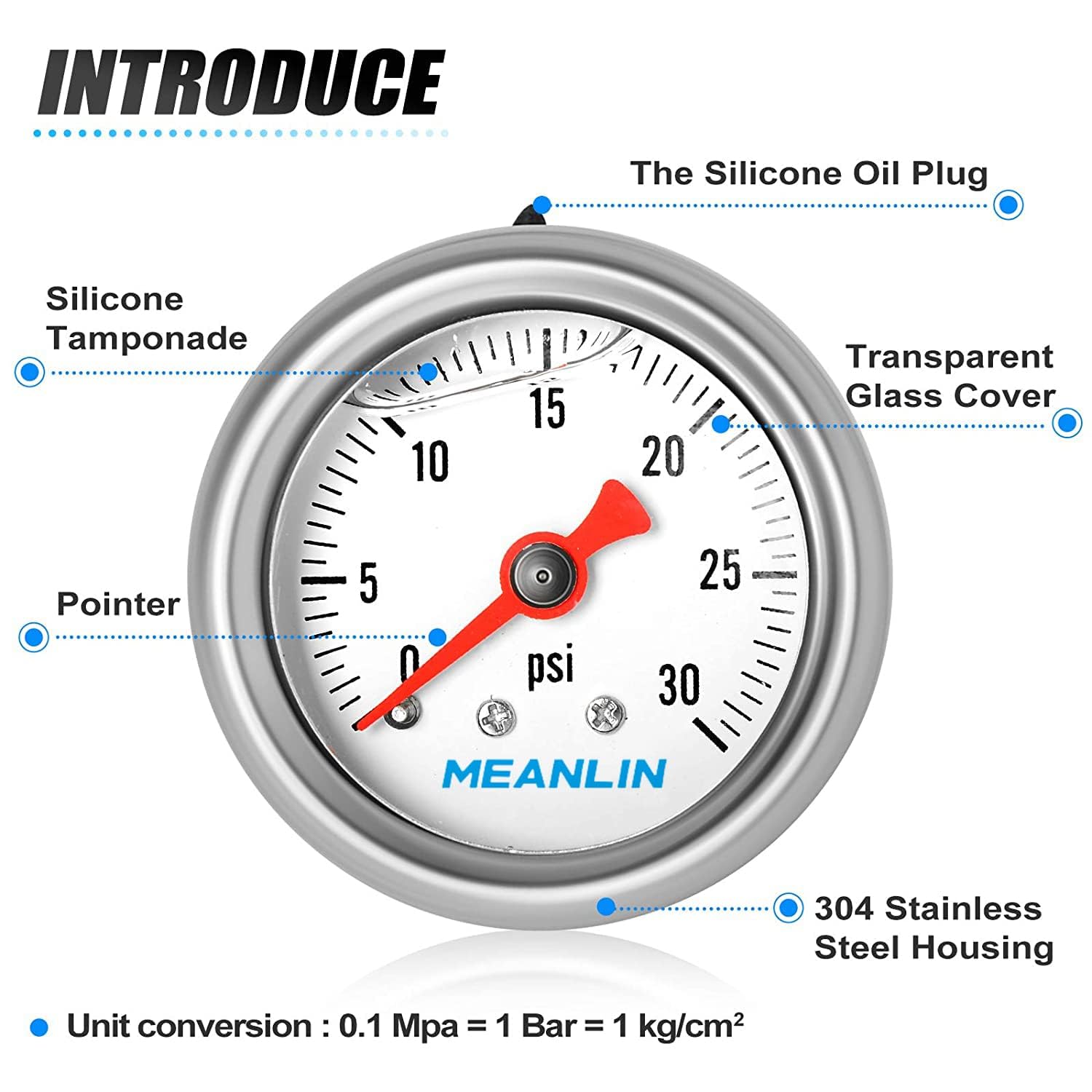 MEANLIN MEASURE Medidor de presión de 0  30 psi, esfera con cara NPT de 1.5 pulgadas con relleno de glicerina, acero inoxidable con relleno de