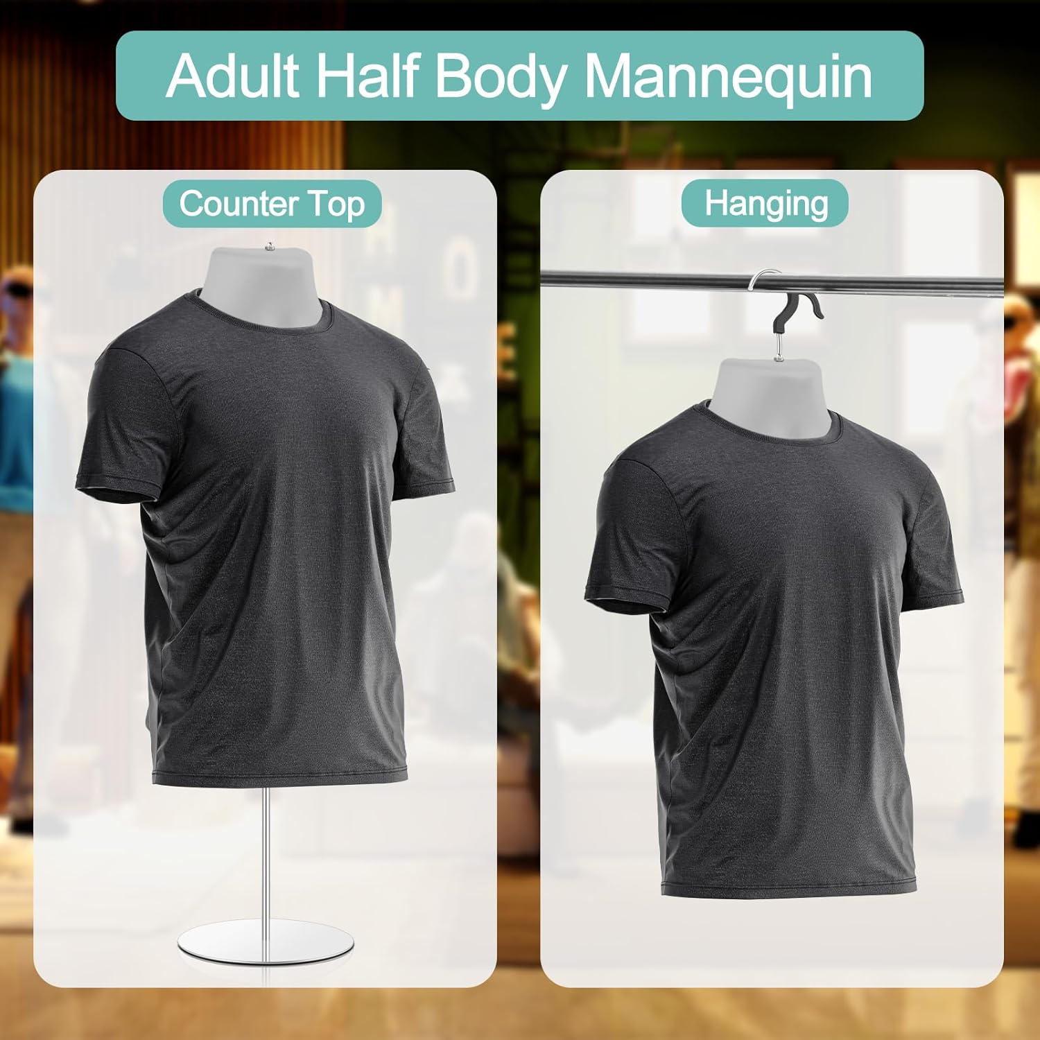 Paquete de 2 maniquíes masculinos con soporte de espalda hueca y cuerpo de maniquí blanco para venta al por menor, exhibición de camisetas con poste