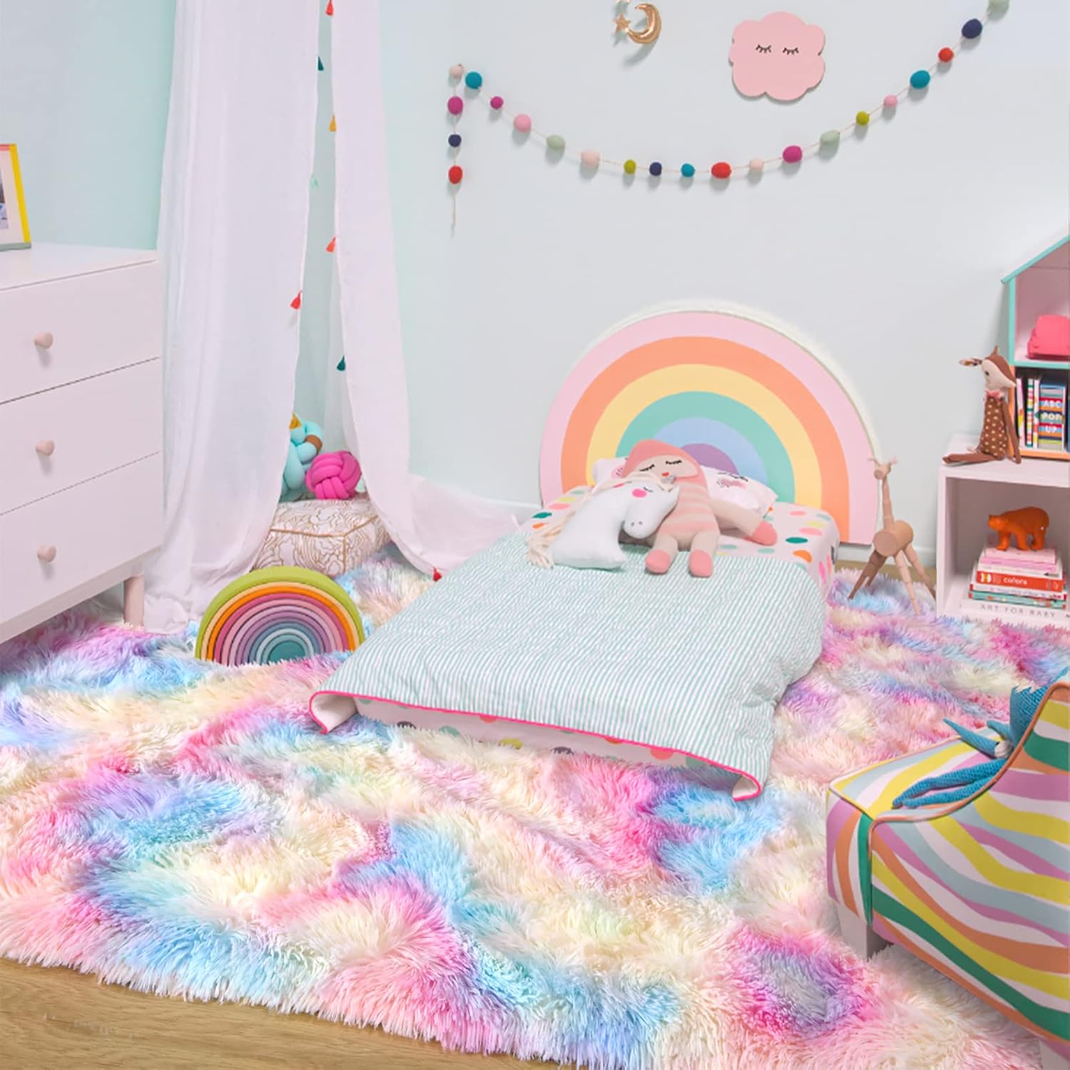 Ompaa Alfombra suave y esponjosa de arco iris para dormitorio de niñas, alfombras Kawaii de teñido anudado para niños, para adolescentes, estética,