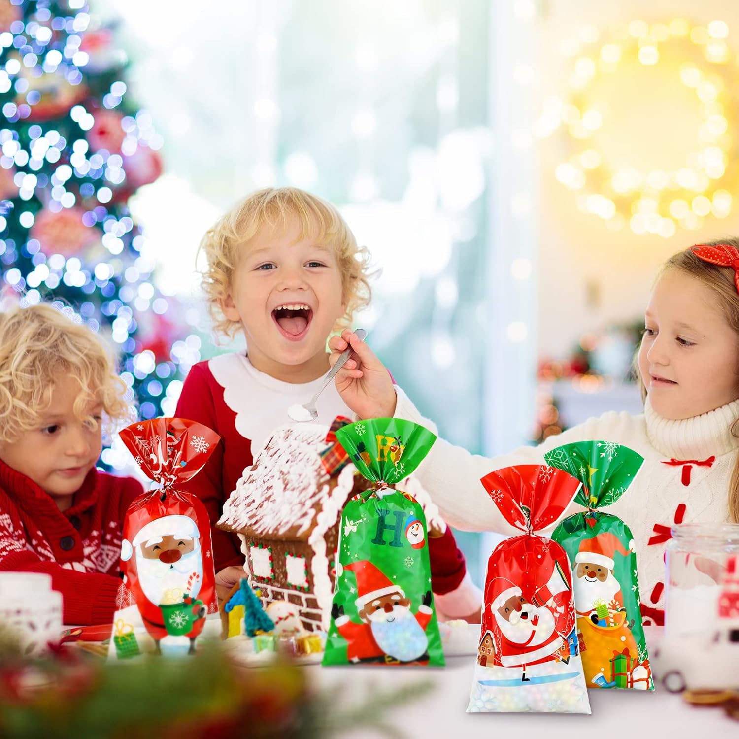 Spiareal 120 bolsas de celofán de Navidad de Papá Noel afroamericano, bolsas de dulces con lazos, suministros de decoración de fiesta de cumpleaños