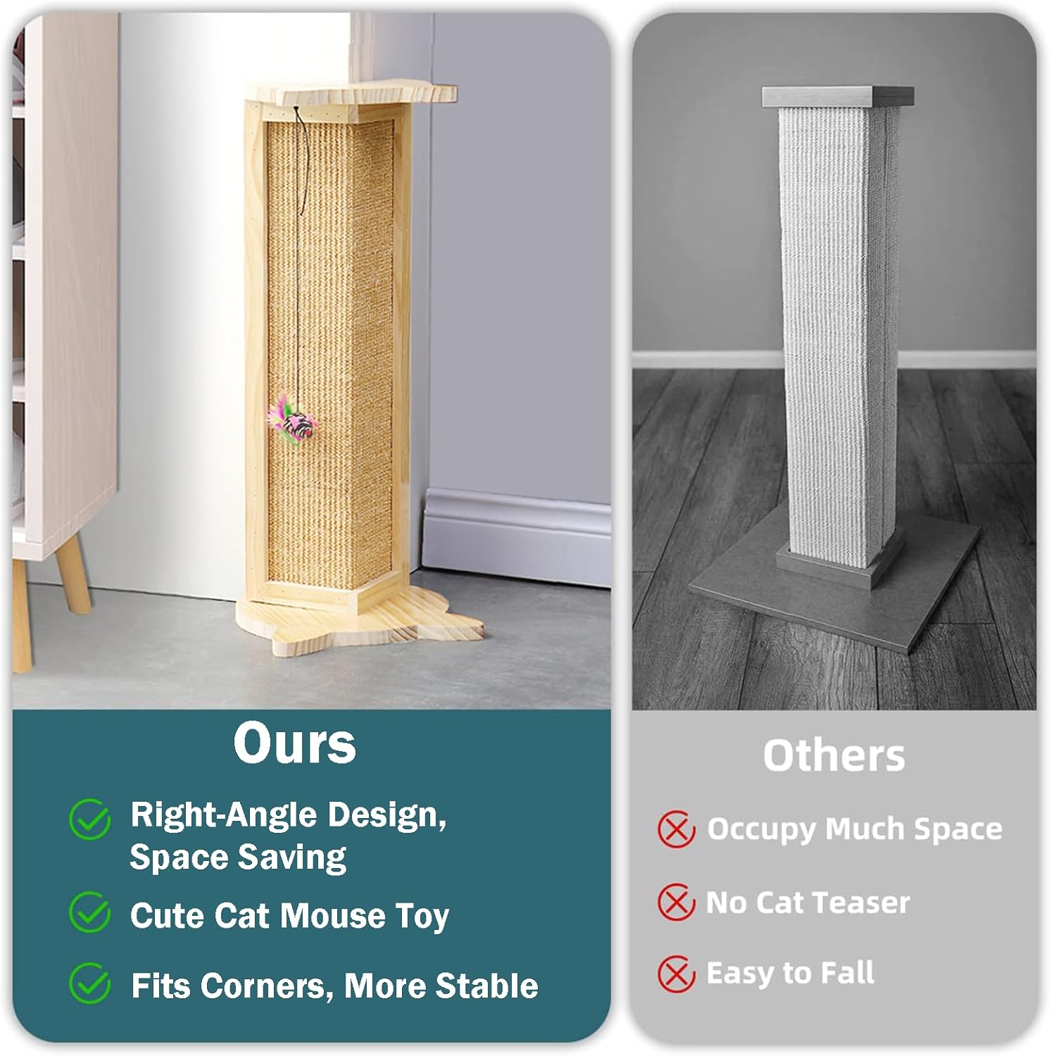 Rascador de esquina para gatos, poste rascador de esquina de sofá, rascador de esquina de sisal de 18 pulgadas para gatos de interior con juguete de