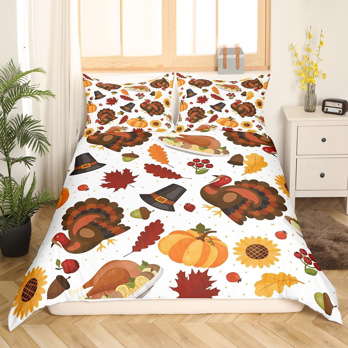 Feelyou Juego de funda de edredón de decoración de Acción de Gracias, tamaño Queen, lindo juego de ropa de cama de pavo para niños, decoración de