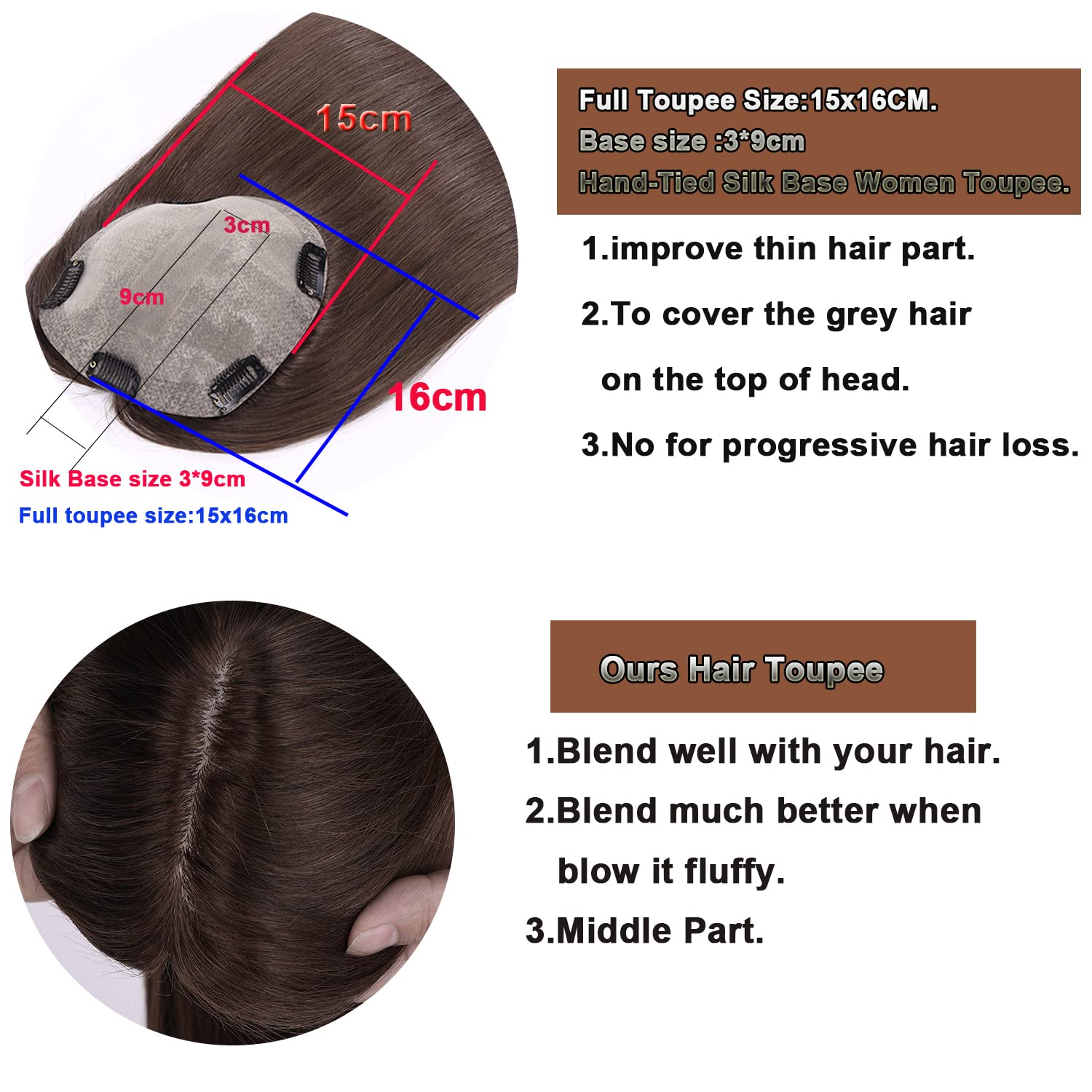 14 pulgadas base de seda Cabello humano Topper Pelucas con 5 clips en seda Remy Europeo pelo Toupee para las mujeres pelo fino 15X16CM Color #4