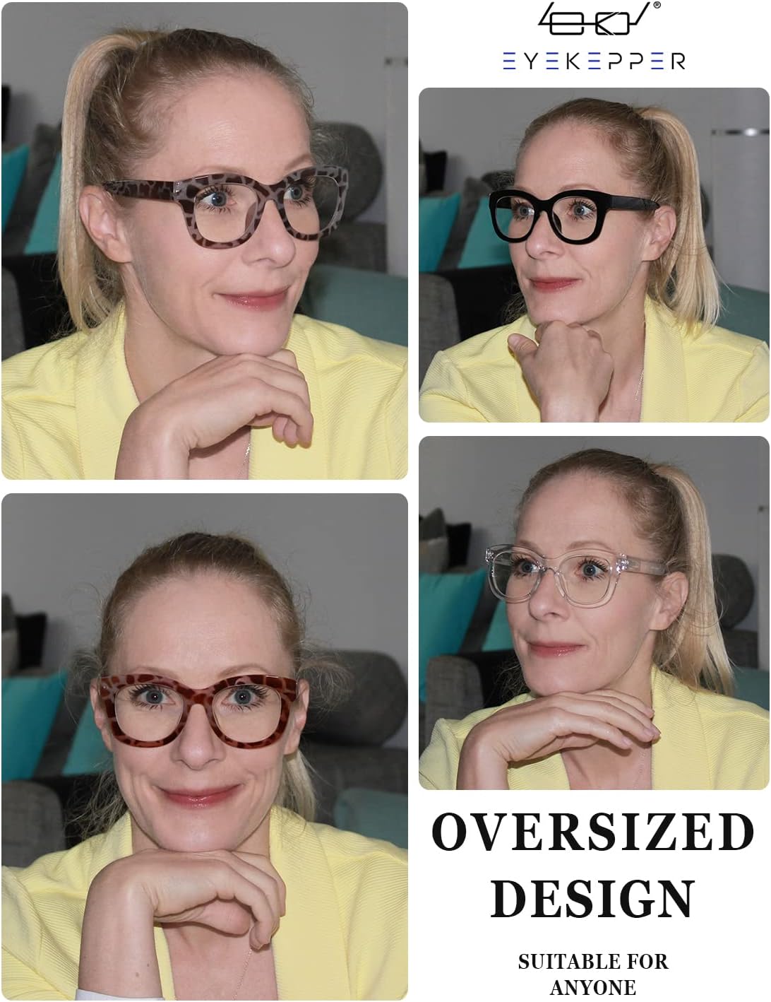 Eyekepper Paquete de 4 lentes de lectura multienfoque progresivo de gran tamaño para mujer, bloqueo de luz azul, lectura de computadora, sin línea,