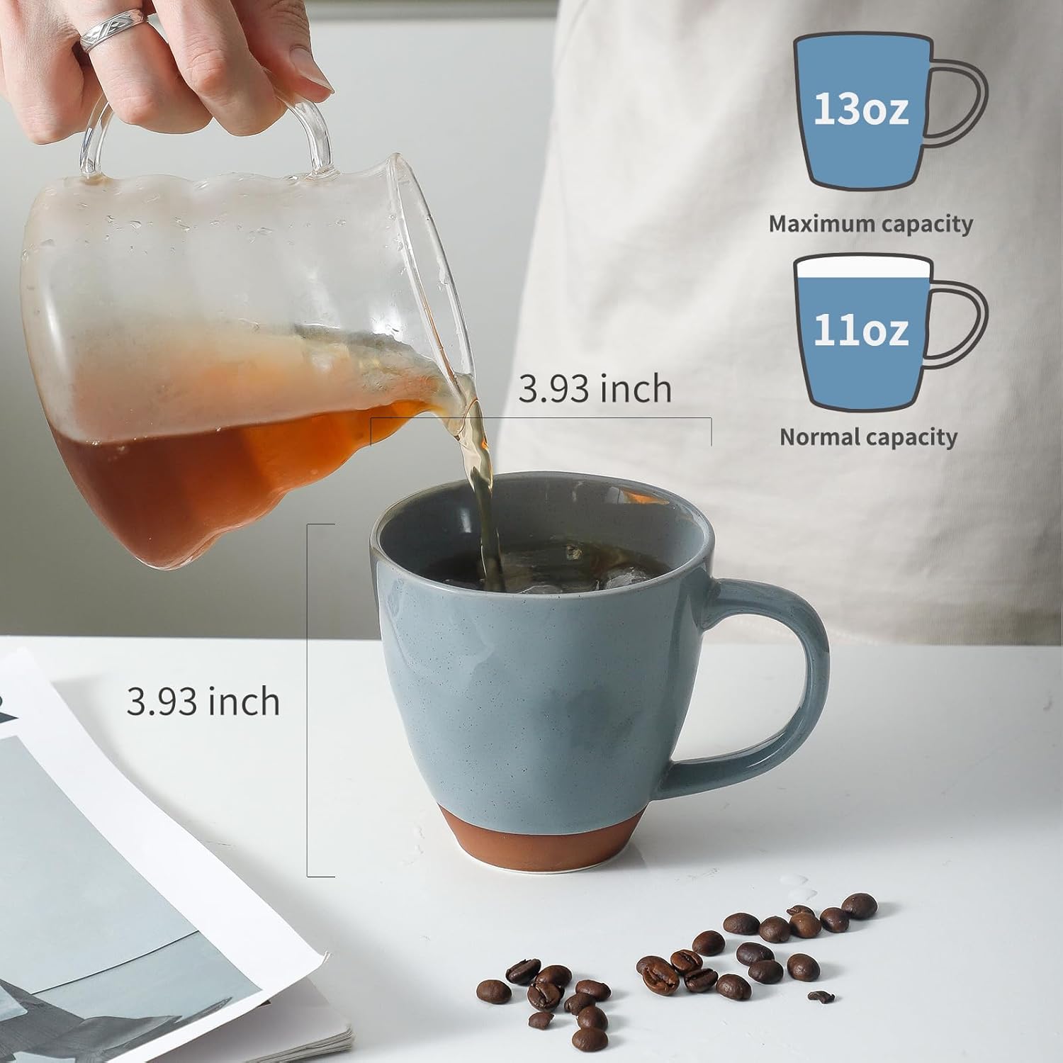 Juego de 4 tazas de café de cerámica tazas de té de 13 onzas para cacao, latte, capuchino, tazas de café de porcelana para microondas, color único