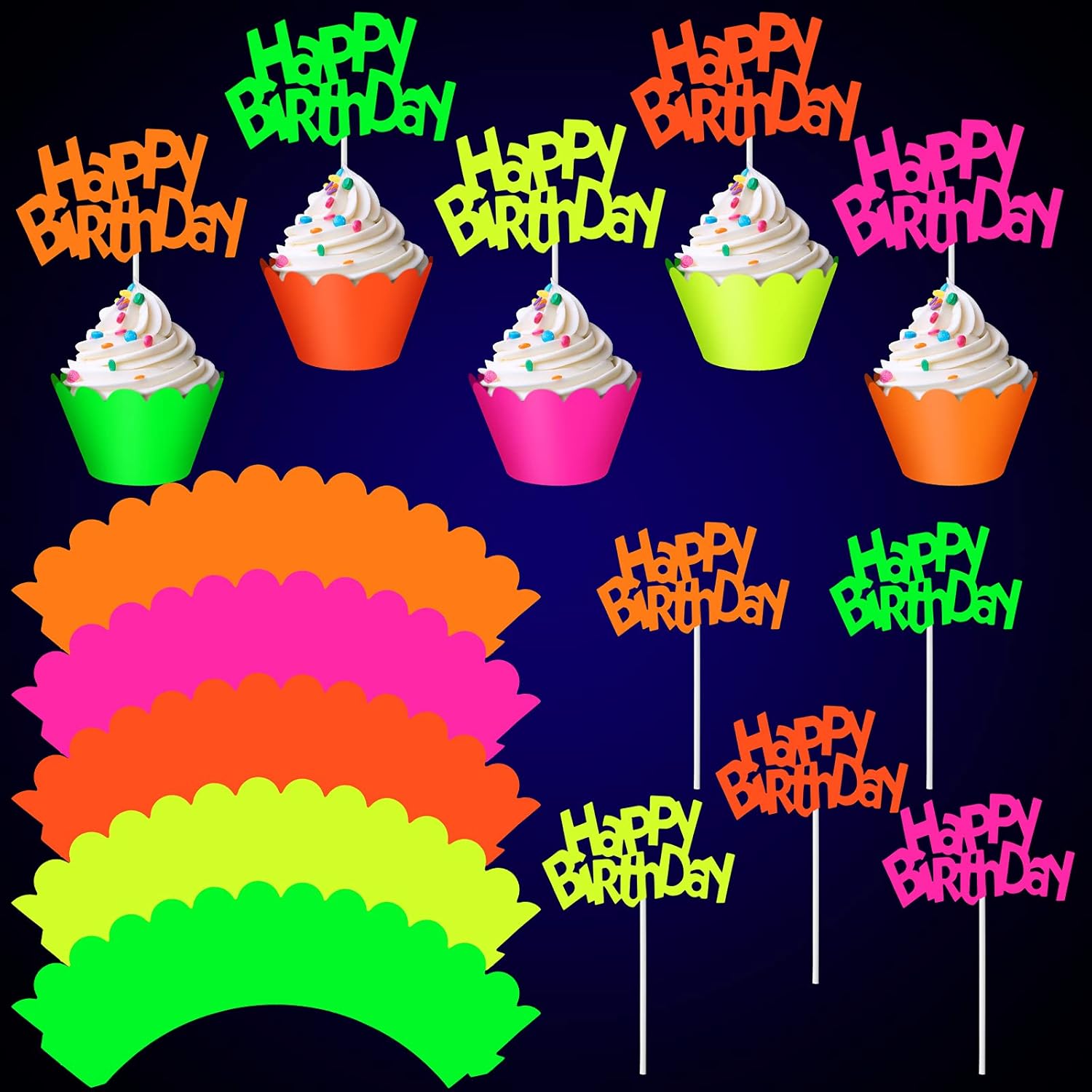 40 piezas que brillan en la oscuridad, decoraciones de neón para cupcakes que brillan en la oscuridad, suministros de fiesta de neón para cupcakes