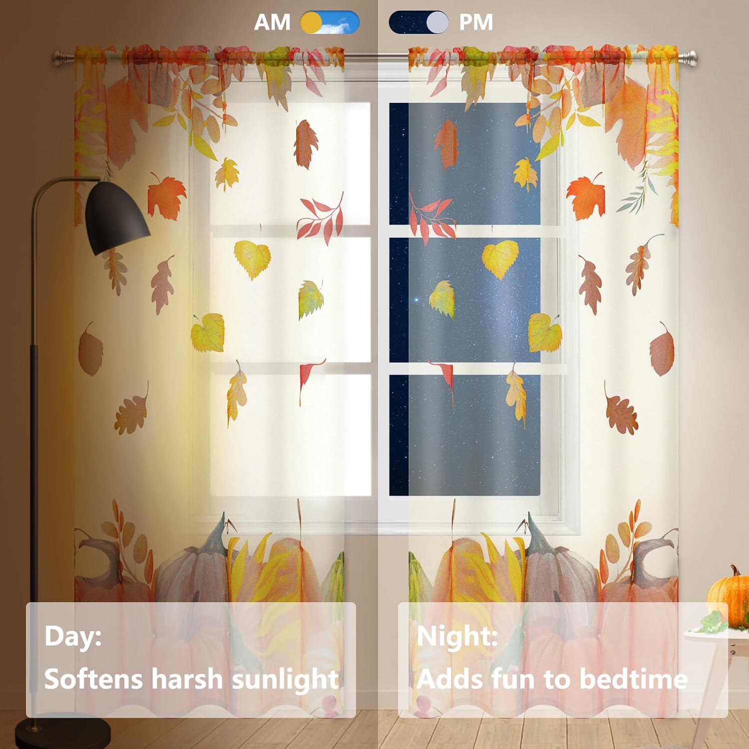 Alishomtll Cortinas traslúcidas de otoño de 63 pulgadas de largo, juego de 2 paneles de cortinas de otoño, decoración de pared, cortinas
