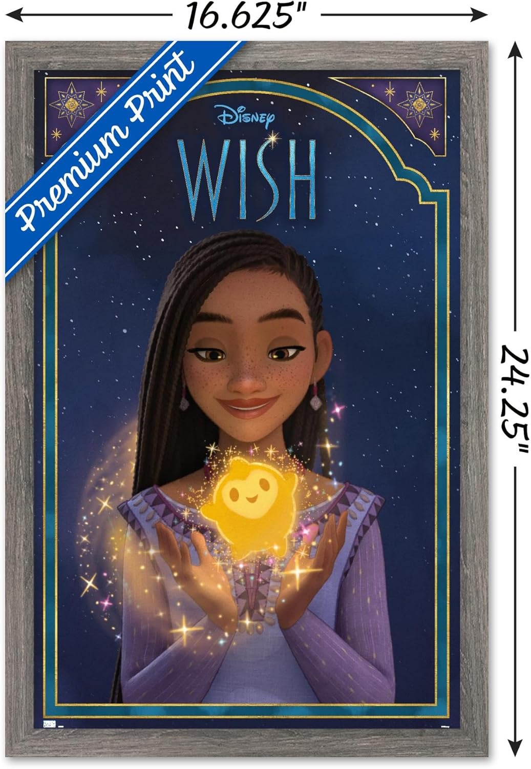 Trends International Disney Wish – Póster de pared Asha & Star, 14.72 x 22.37 pulgadas, versión enmarcada de madera de granero