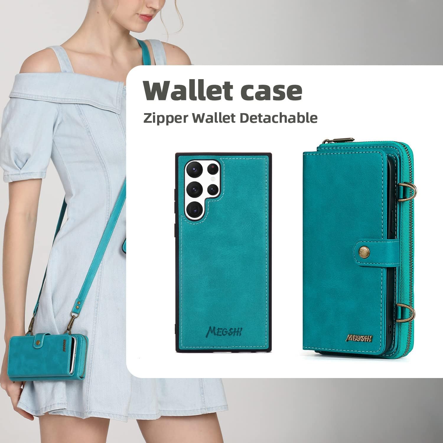 Compatible con Samsung Galaxy S22 Ultra 5G – Funda tipo cartera con correa para el hombro, soporte para tarjetas, multifunción, 2 en 1, funda