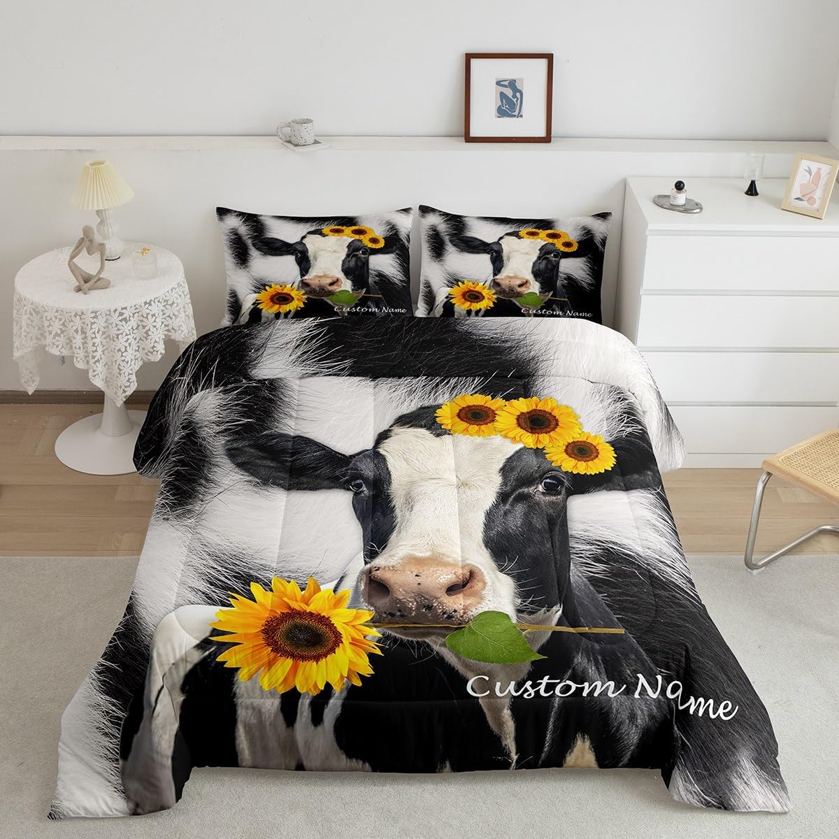 Erosebridal Juego de edredón personalizado de vaca de las tierras altas, juego de ropa de cama con estampado de vaca negra y blanca para niños,