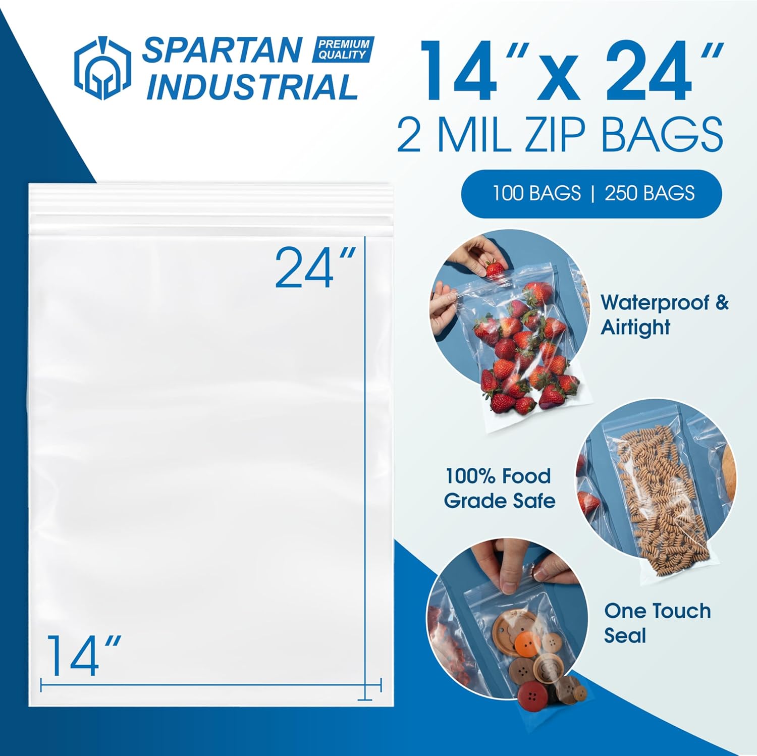 Spartan Industrial – Bolsas de polietileno de plástico transparente con cierre de cremallera de 14 x 24 pulgadas (250 unidades) con cierre