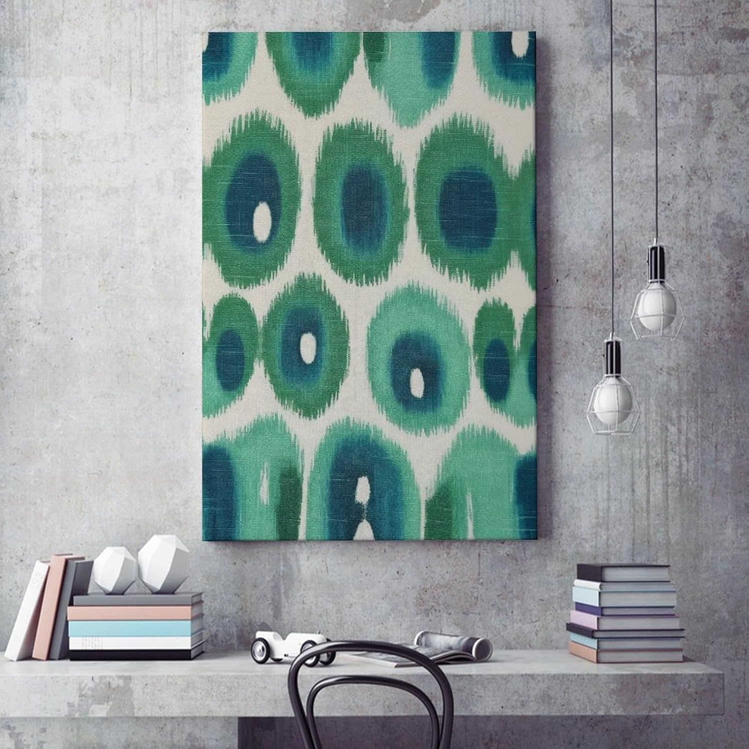 Lienzo decorativo para pared de 16 x 24 pulgadas, estampado de pavo real verde y aguamarina Ikat, arte de pared, tipografía, hogar, oficina,