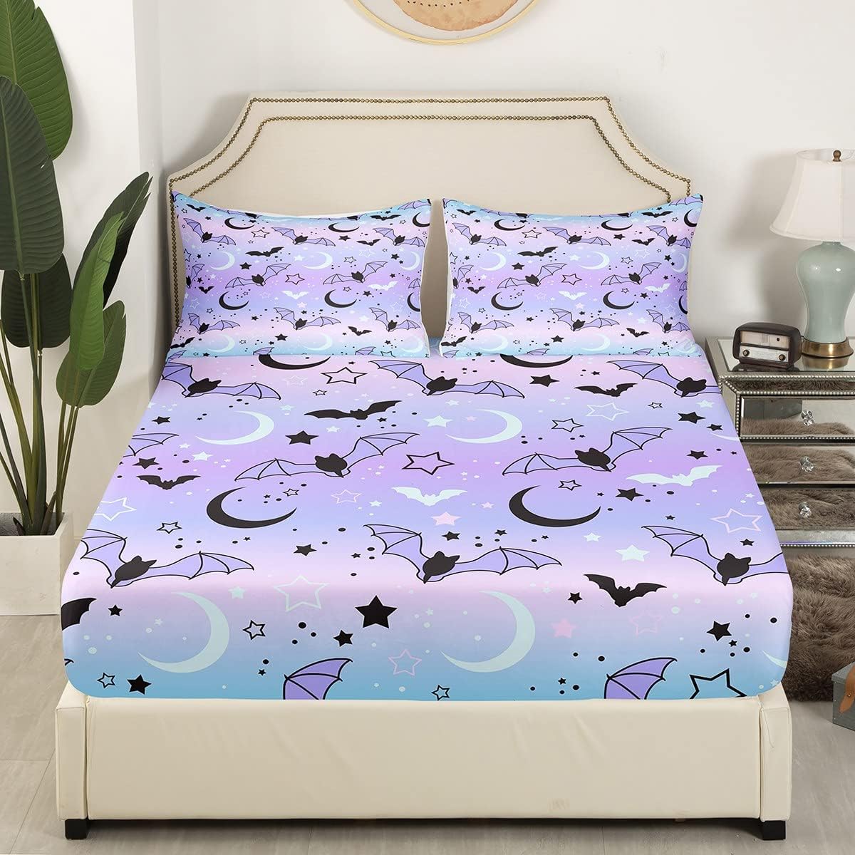 Juego de funda de edredón de Halloween, sábana bajera ajustable de arcoíris para niños y niños, diseño de murciélago, luna y estrella, juego de