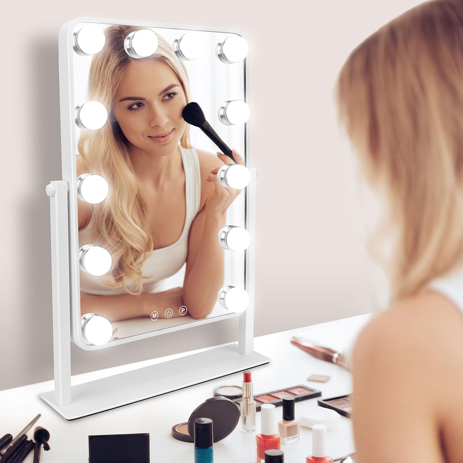 Hazifes Espejo de tocador grande de Hollywood con luces 12 LED, espejo de maquillaje de mesa con control táctil inteligente, 3 colores, bombillas