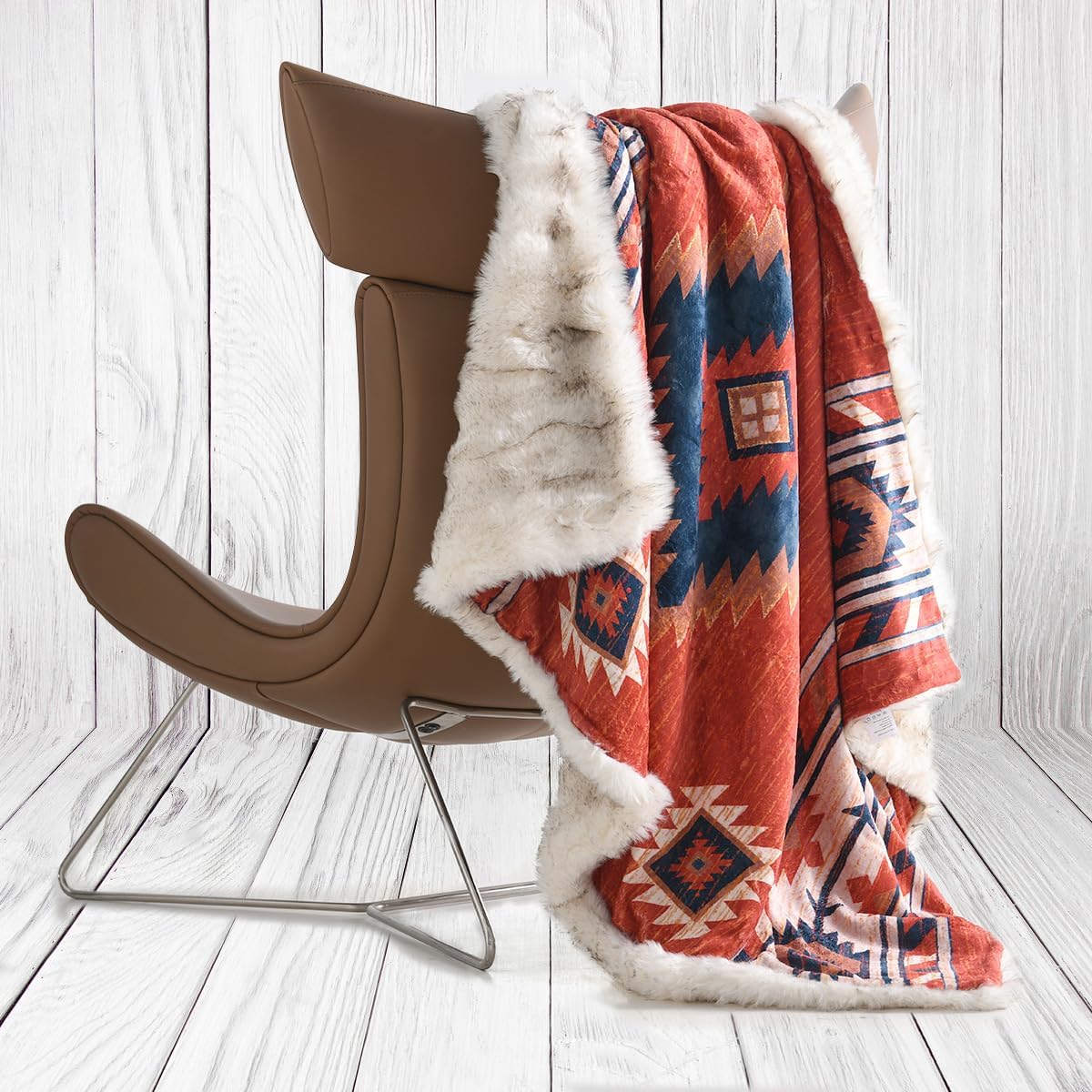 Manta de felpa de piel sintética de lujo con patrón azteca, súper cálida, esponjosa, elegante, mullida manta decorativa para sofá, sillón, sofá y