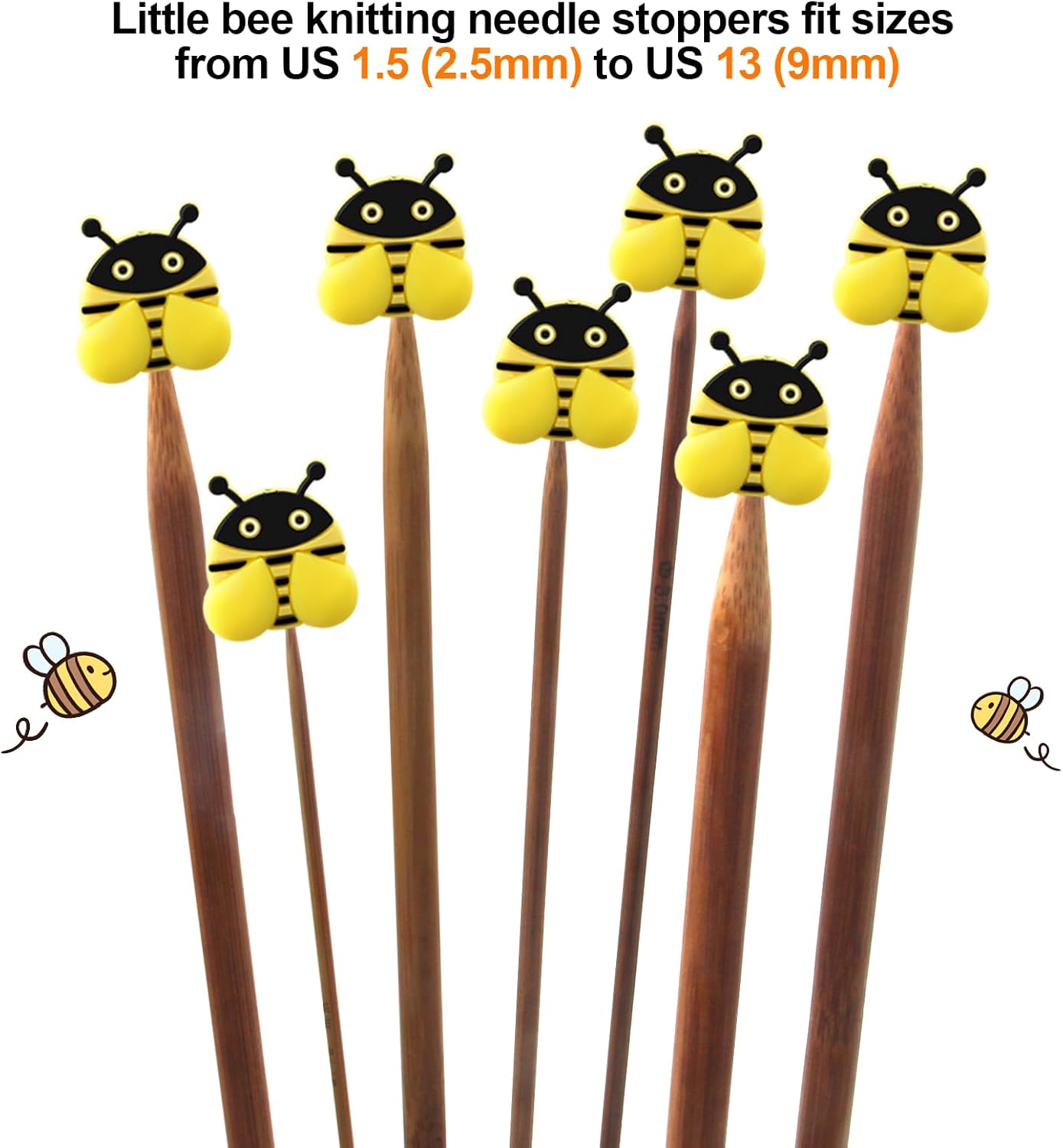 6 tapones para agujas de tejer, lindos tapones de aguja de abeja, accesorios de punto de protección de aguja de EE. UU. 1.5 (0.098 in) a EE. UU. 15