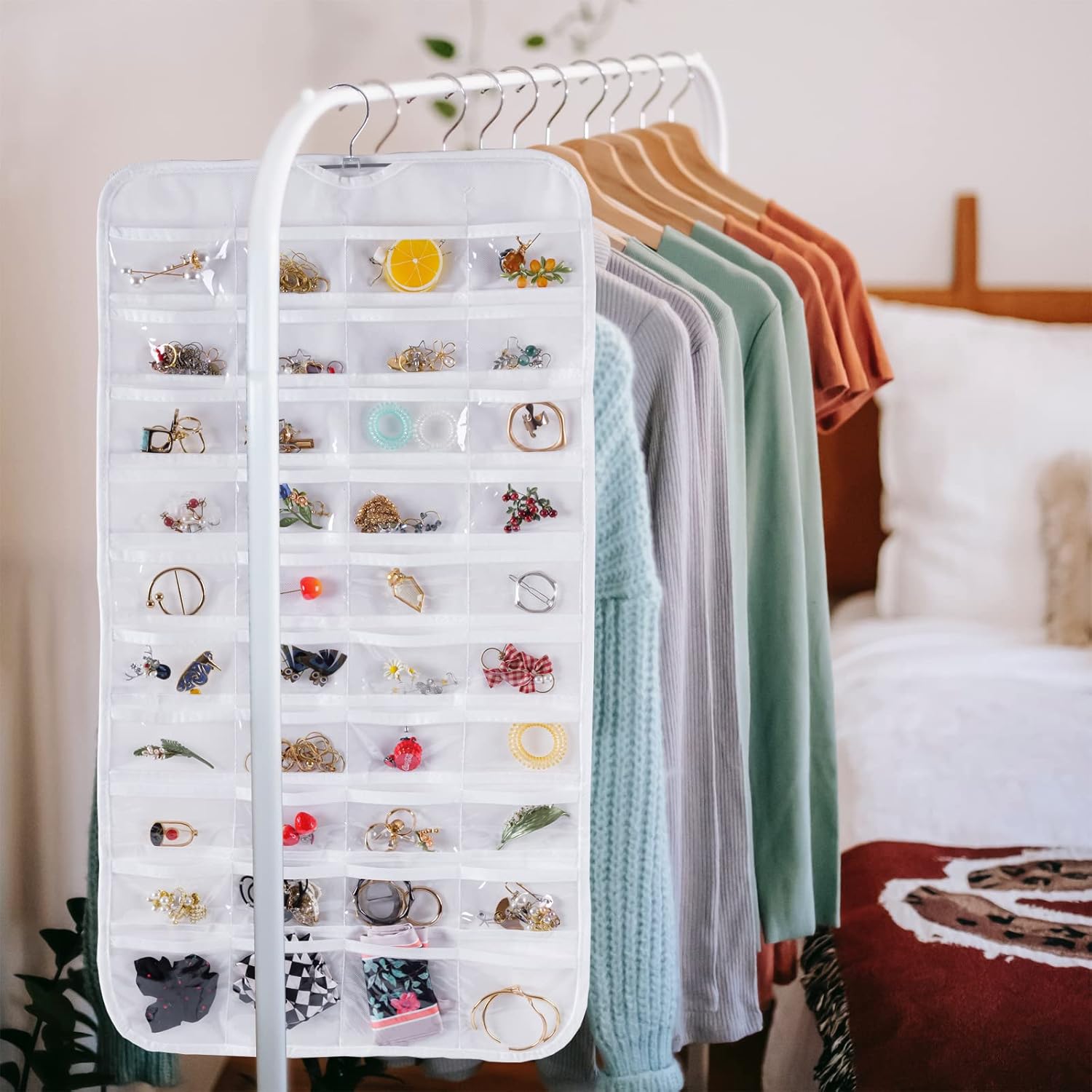 Bloss Organizador de joyas colgante con 80 bolsillos de doble tamaño para almacenamiento de joyas para almacenamiento de pendientes de joyería,