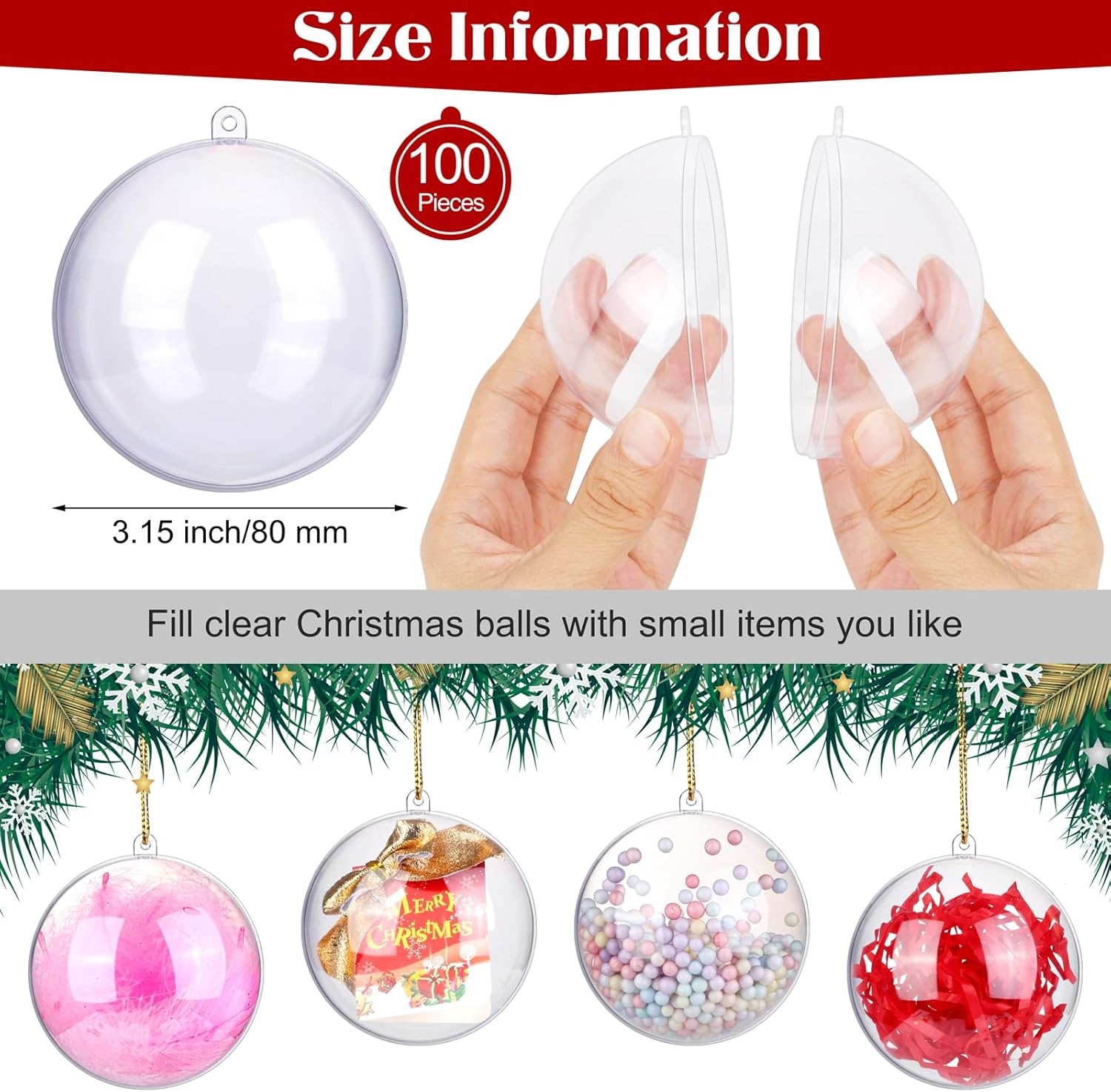 ANVAVO 100 bolas de plástico transparente rellenables de 3.150 in para Navidad, manualidades, adornos transparentes, inastillables, adornos