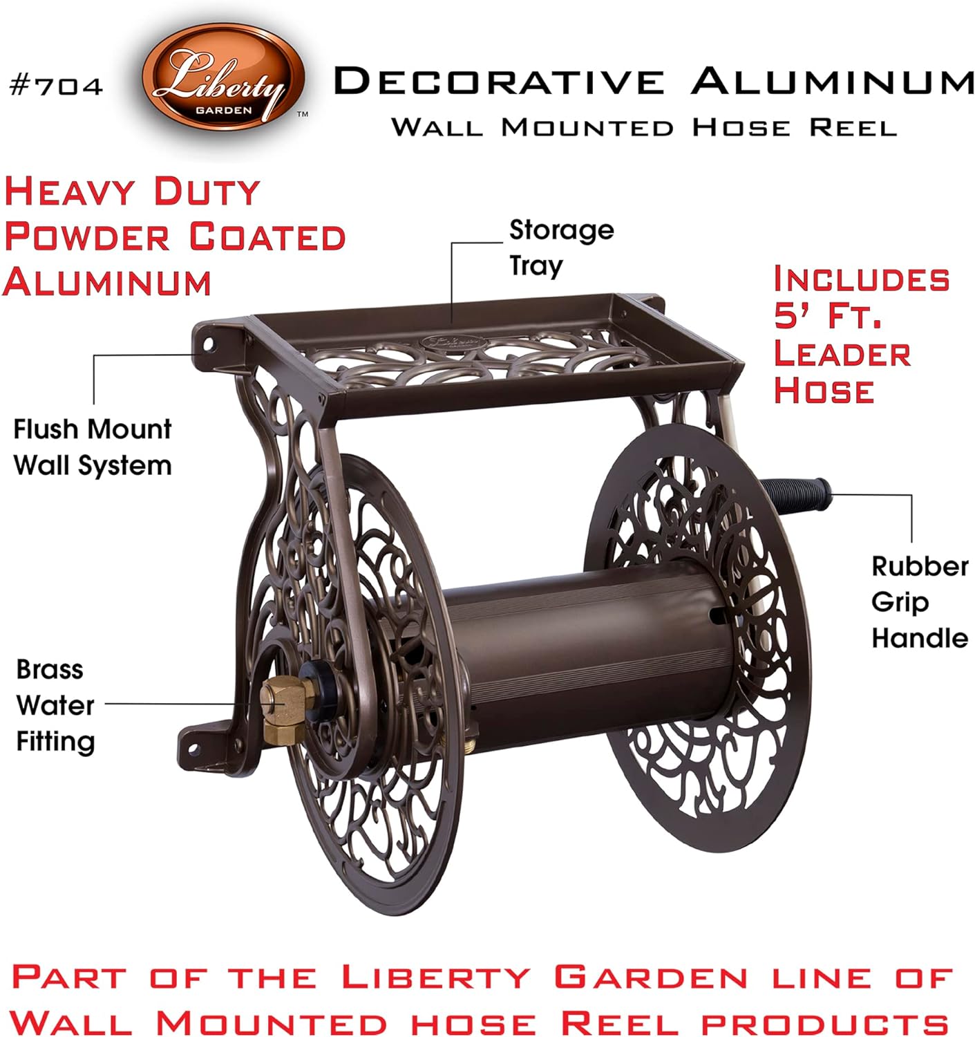 Liberty GARDEN 704 – Carrete decorativo de aluminio fundido para manguera de jardín, soporta manguera de 125 pies de 58 pulgadas, manguera de jardín