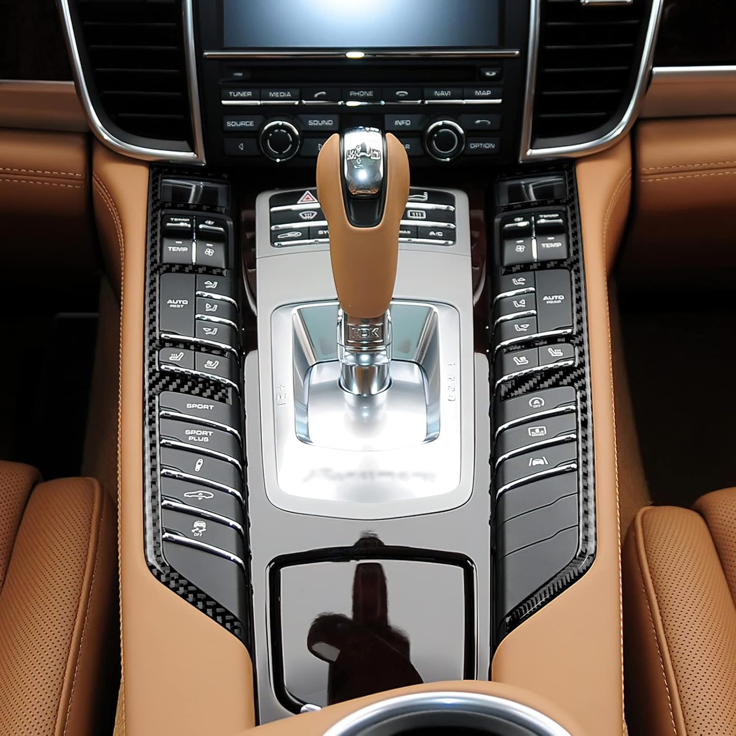 AIRSPEED Para Porsche Panamera 2010-2016 Cubierta del marco del botón de la consola central del automóvil, adhesivo para panel de palanca de