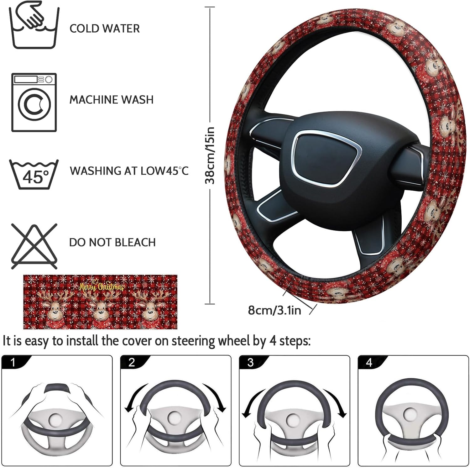 Car Steering Wheel Cover, Christmas Snowflake Elk Red Plaid Elastic Stretch Sponge Steering Wheels Protective Cover for Vehicles Trucks SUVs