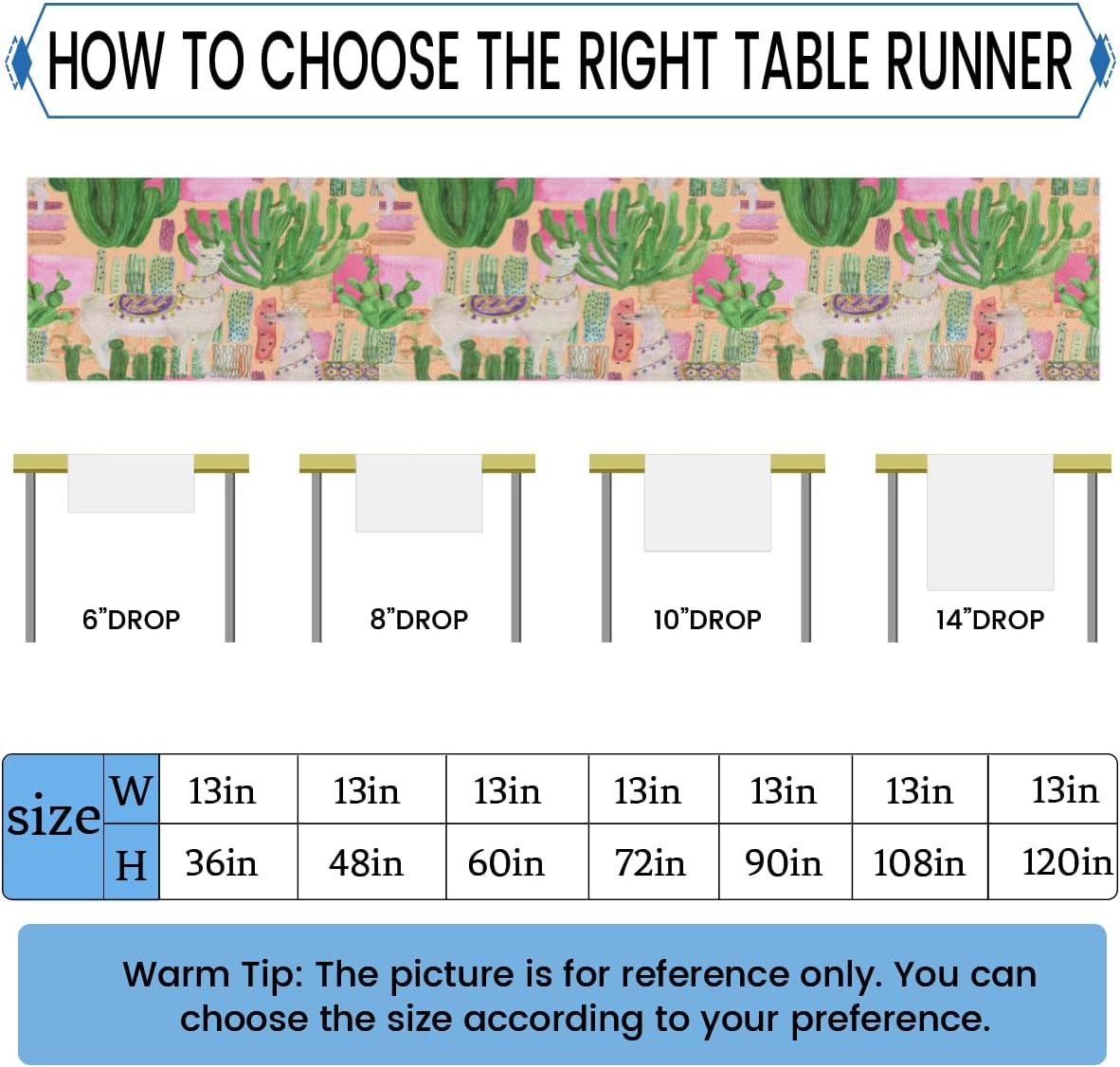 Table Runner Watercolor Alpaca Cacti, Autumn Rustic Linen Table Cloth Kitchen Dining Table Decor for Home Party 13 x 72 Inches