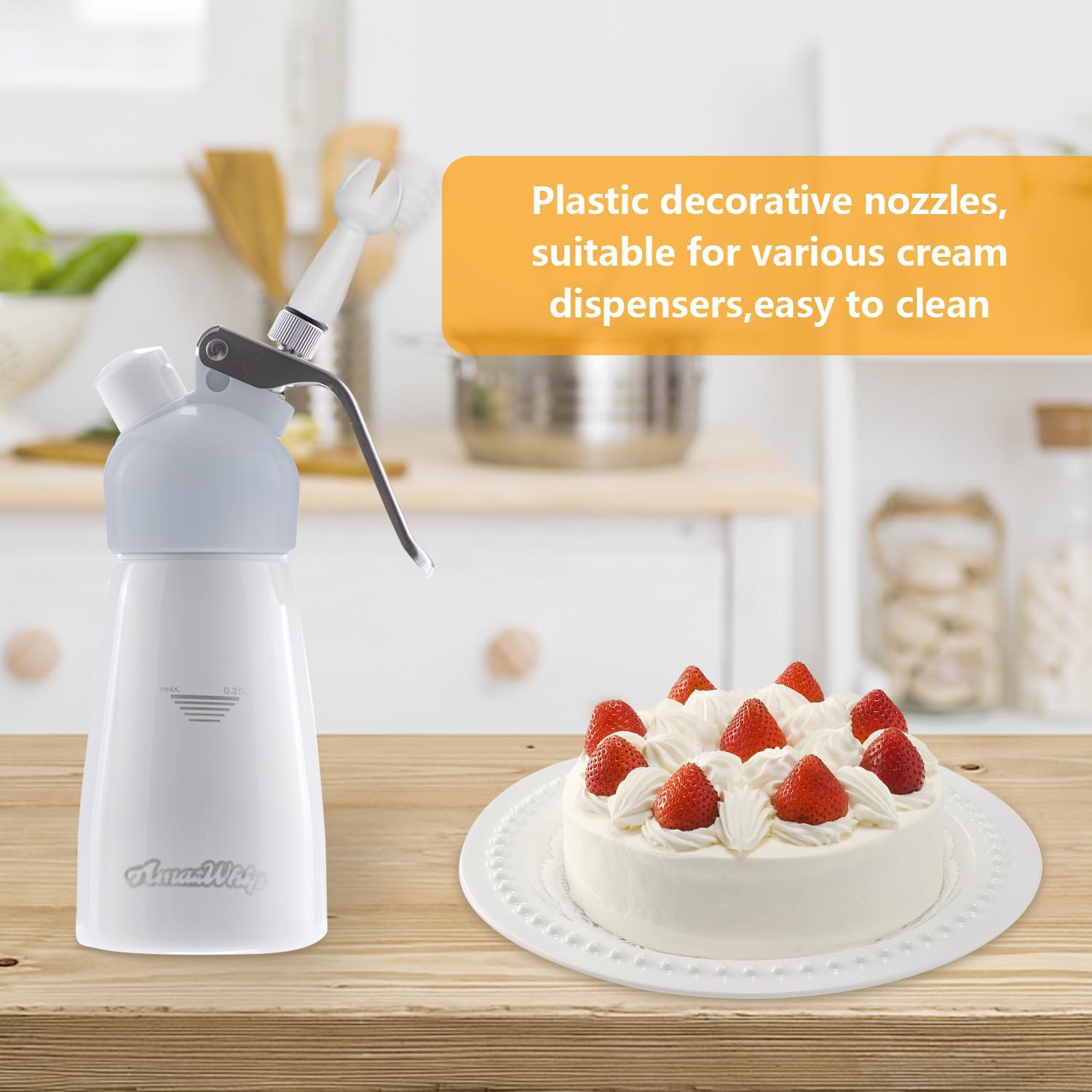 AmazWhip Dispensador de crema batida, accesorios generales, 3 puntas de decoración de plástico, soporte para cargador culinario, un cepillo limpio