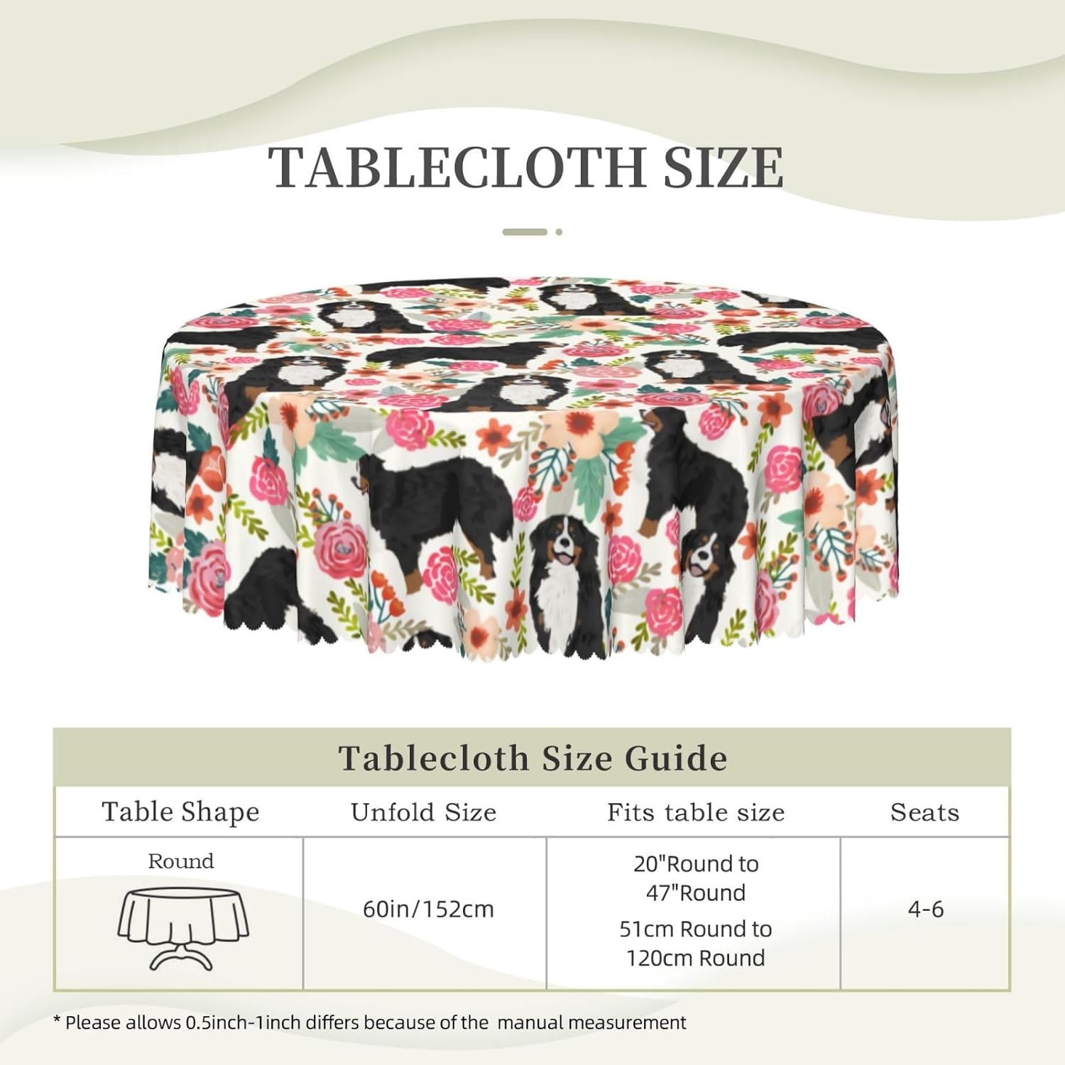 Bonito mantel con estampado floral de perro de montaña bernés con ribete de encaje, sin arrugas, para fiestas, cumpleaños, banquetes, cocina,