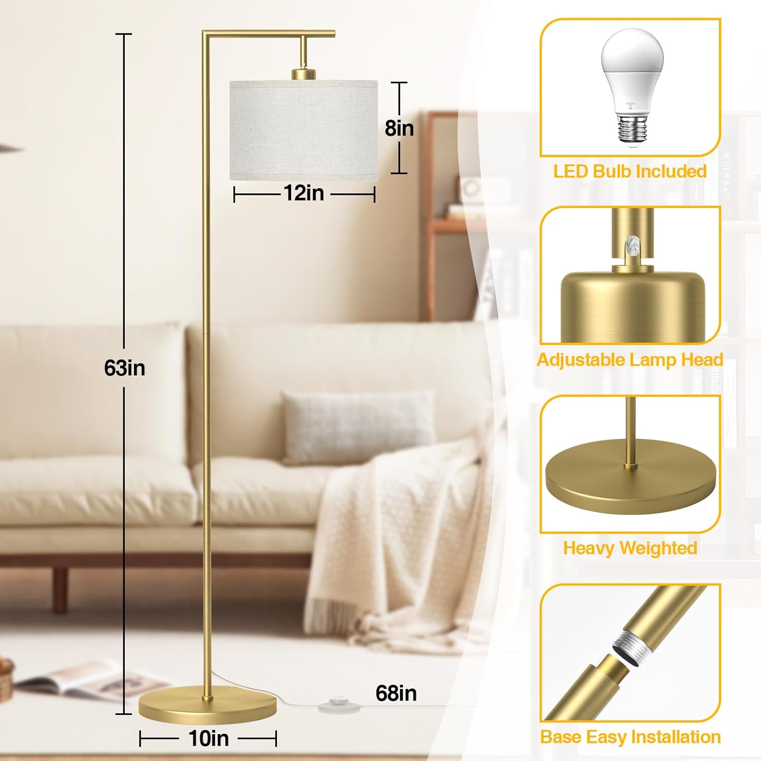 Lámpara de pie para sala de estar con 3 temperaturas de color, con pantalla ajustable de lino beige, lámparas altas para dormitorio, oficina, aula,