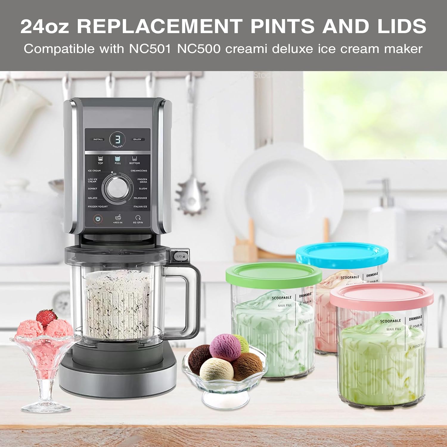Paquete de 2 recipientes para helado Ninja Creami Deluxe, 24 onzas, para pintas y tapas de repuesto, compatibles con Ninja 11 en 1 serie NC501