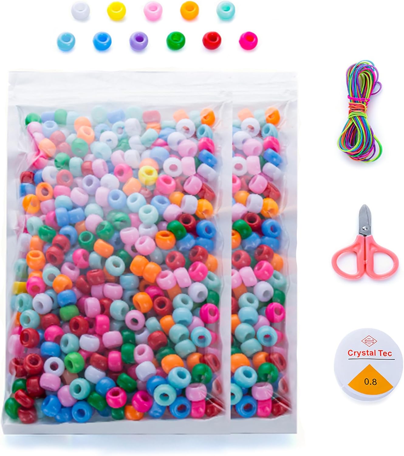 SWEETQIAO 2 bolsas de cuentas de plástico para hacer pulseras, coloridas cuentas Kandi para trenzar el cabello, juego de cuentas de arco iris a