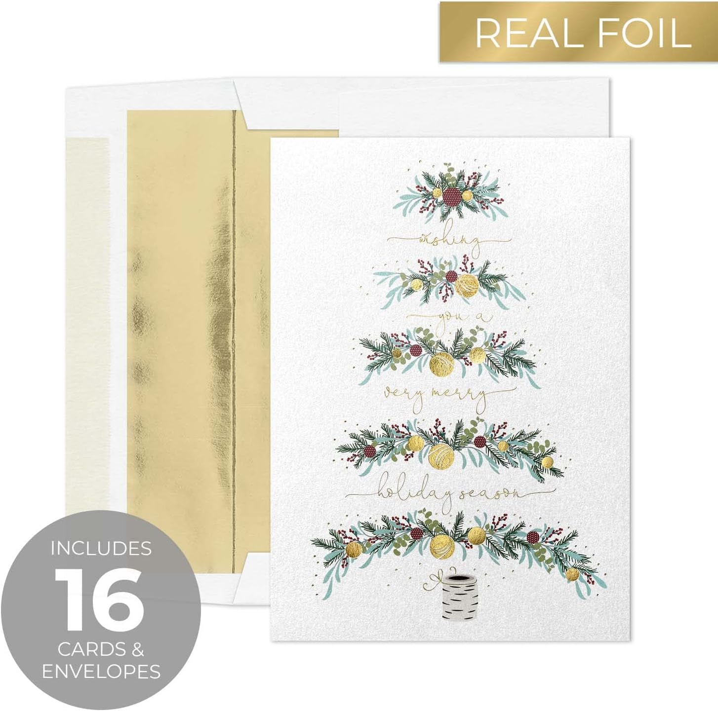 Between The Branches – Tarjetas navideñas de papel de aluminio dorado, 16 tarjetas de Navidad en caja con sobres forrados de aluminio, tarjetas de