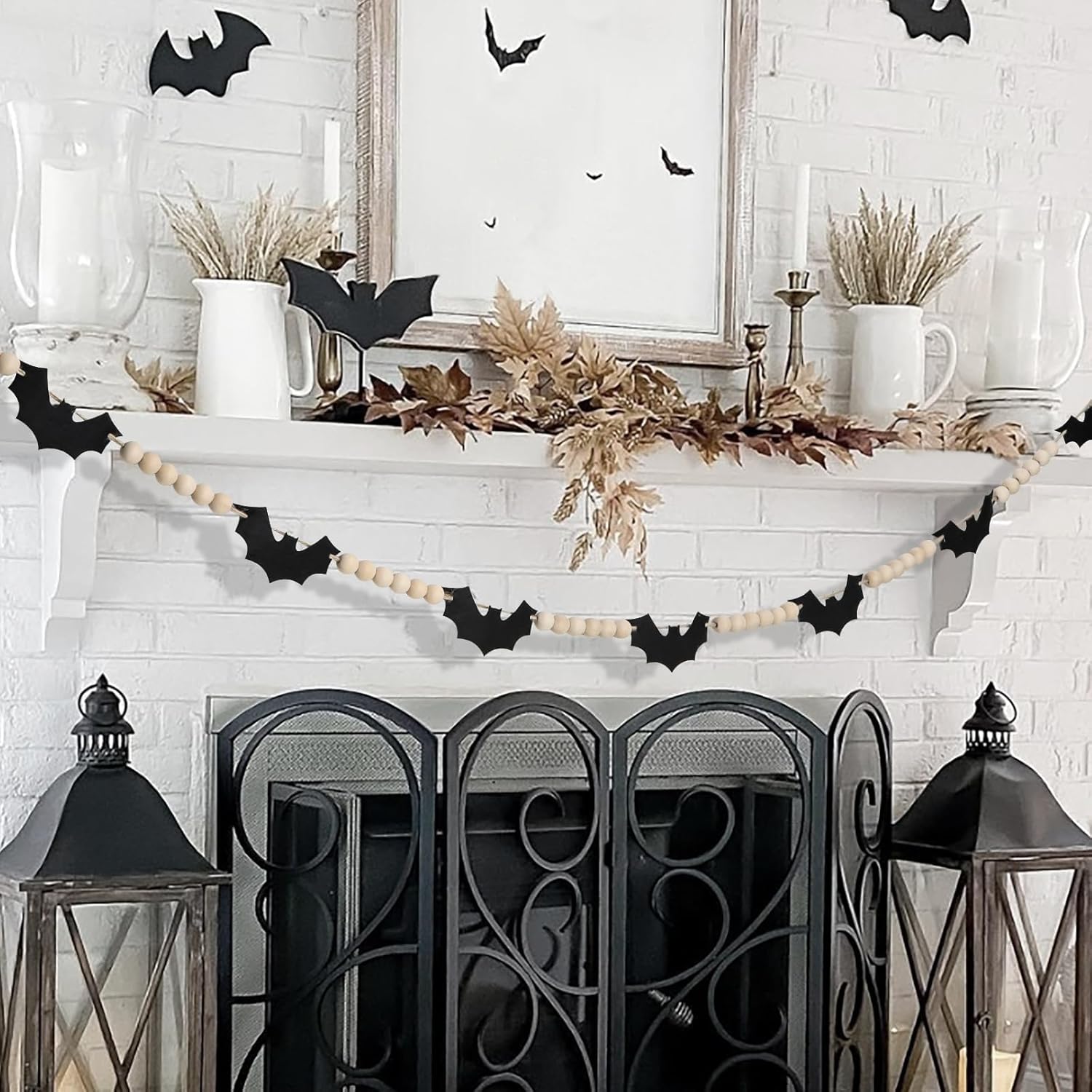 Decoraciones de Halloween para interiores y exteriores, guirnalda de cuentas de murciélagos de fieltro de madera para decoración de Halloween,