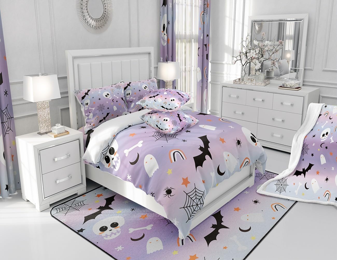 Feelyou Juego de ropa de cama de Halloween, tamaño matrimonial, funda de edredón de calavera de azúcar para niños, niñas, adolescentes, decoración