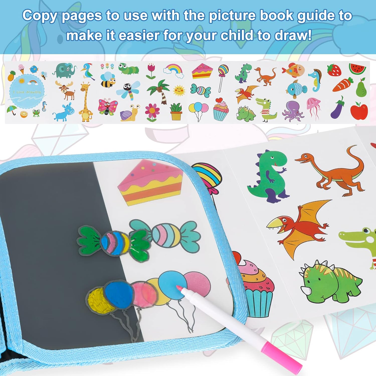 Qrytoi Juego de garabatos de libro borrable para niños, libro de dibujo mágico para niños, libro de dibujo reutilizable, 12 bolígrafos de acuarela,