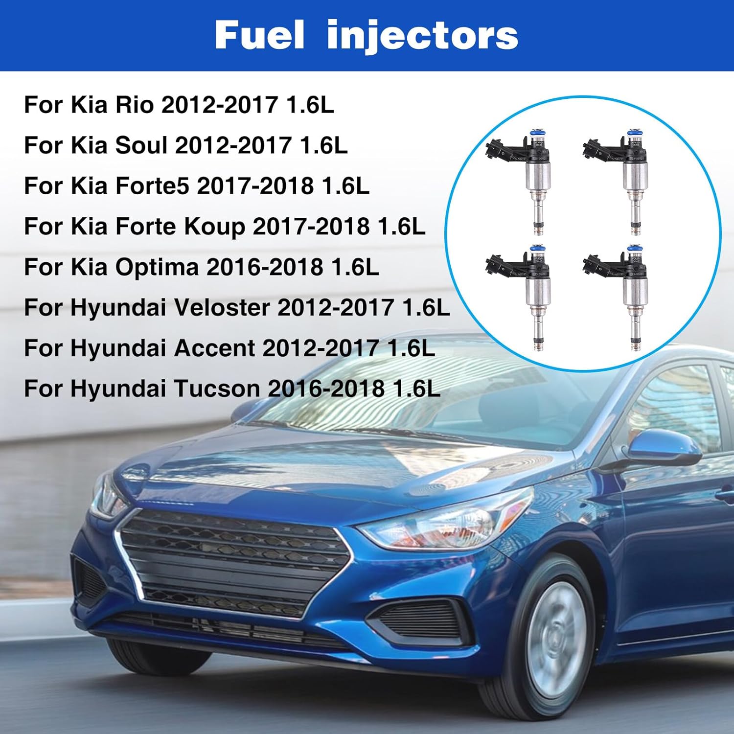 Vorally Juego de 4 inyectores de combustible compatibles con Hyundai Accent Veloster Kia Rio Soul 2012-2017, inyector de combustible no turbo,
